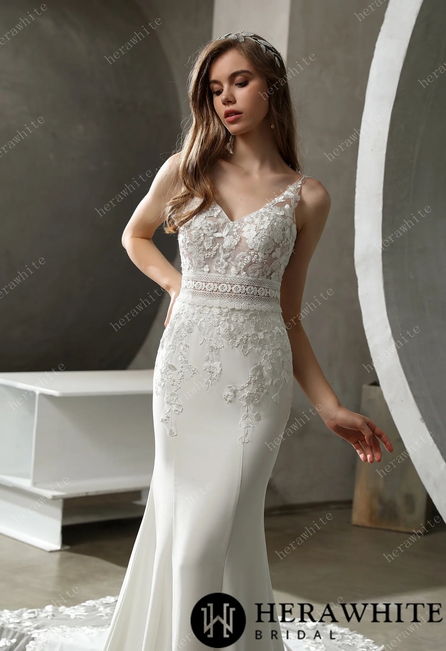 Crepe and Lace Fit and Flare Dress with Illusion Scalloped Train
