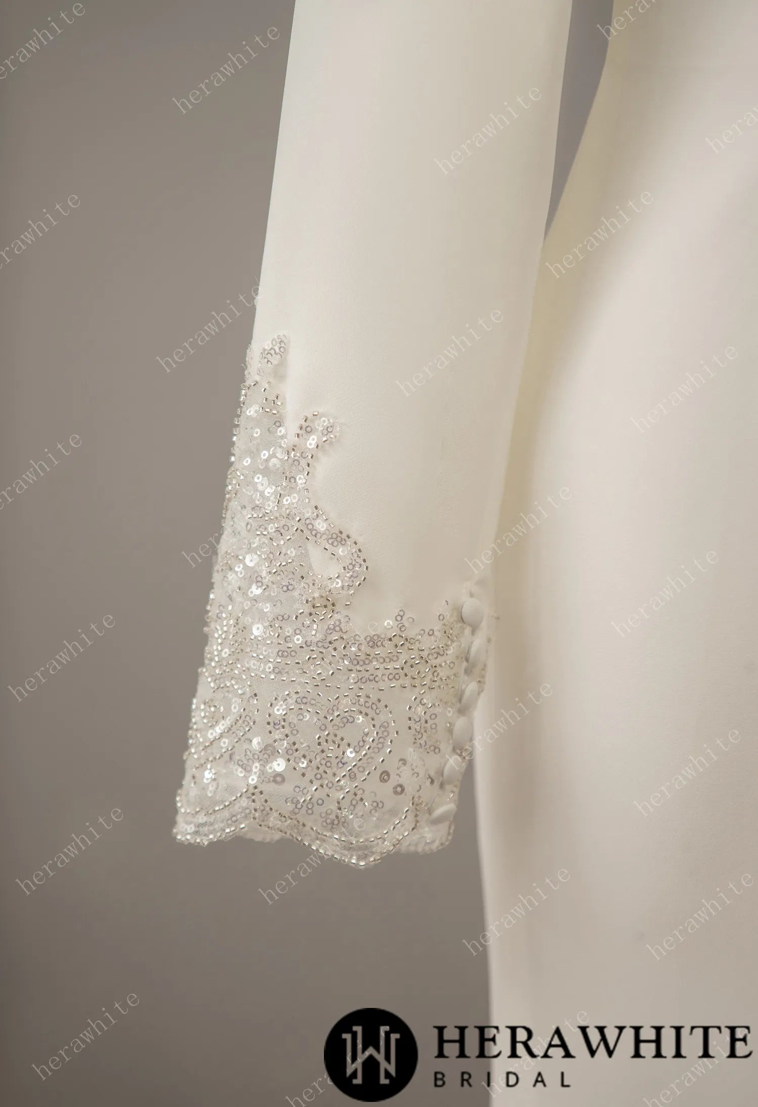 Long Sleeve Crepe Bateau Wedding Dress with Beaded Back