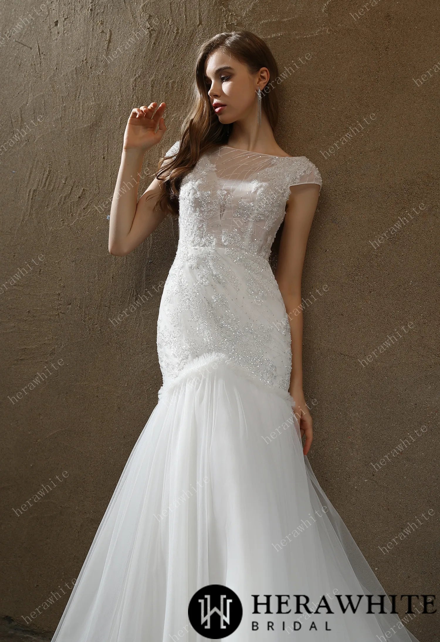 Illusion Bateau Neckline Beaded Mermaid Wedding Dress