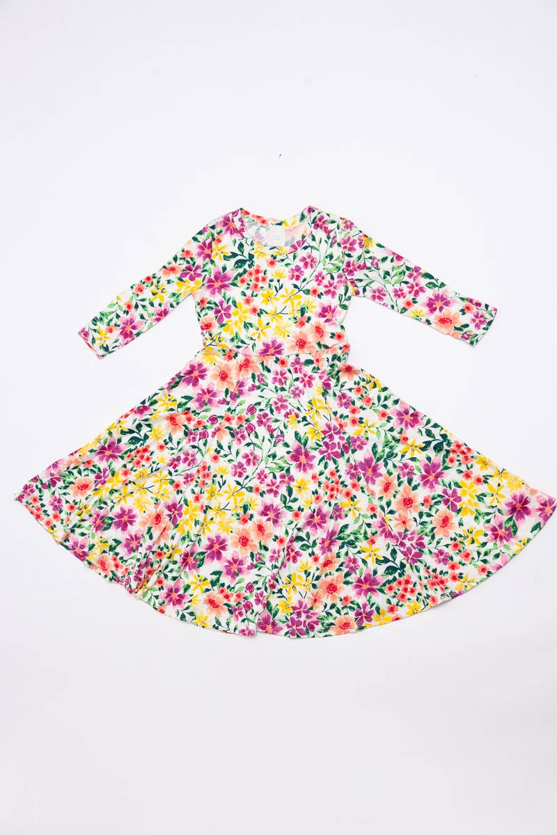 Girl's Princess Seam A-Line Dress with Full Skirt: MUSTARD FLORAL / XL (11/12Y)