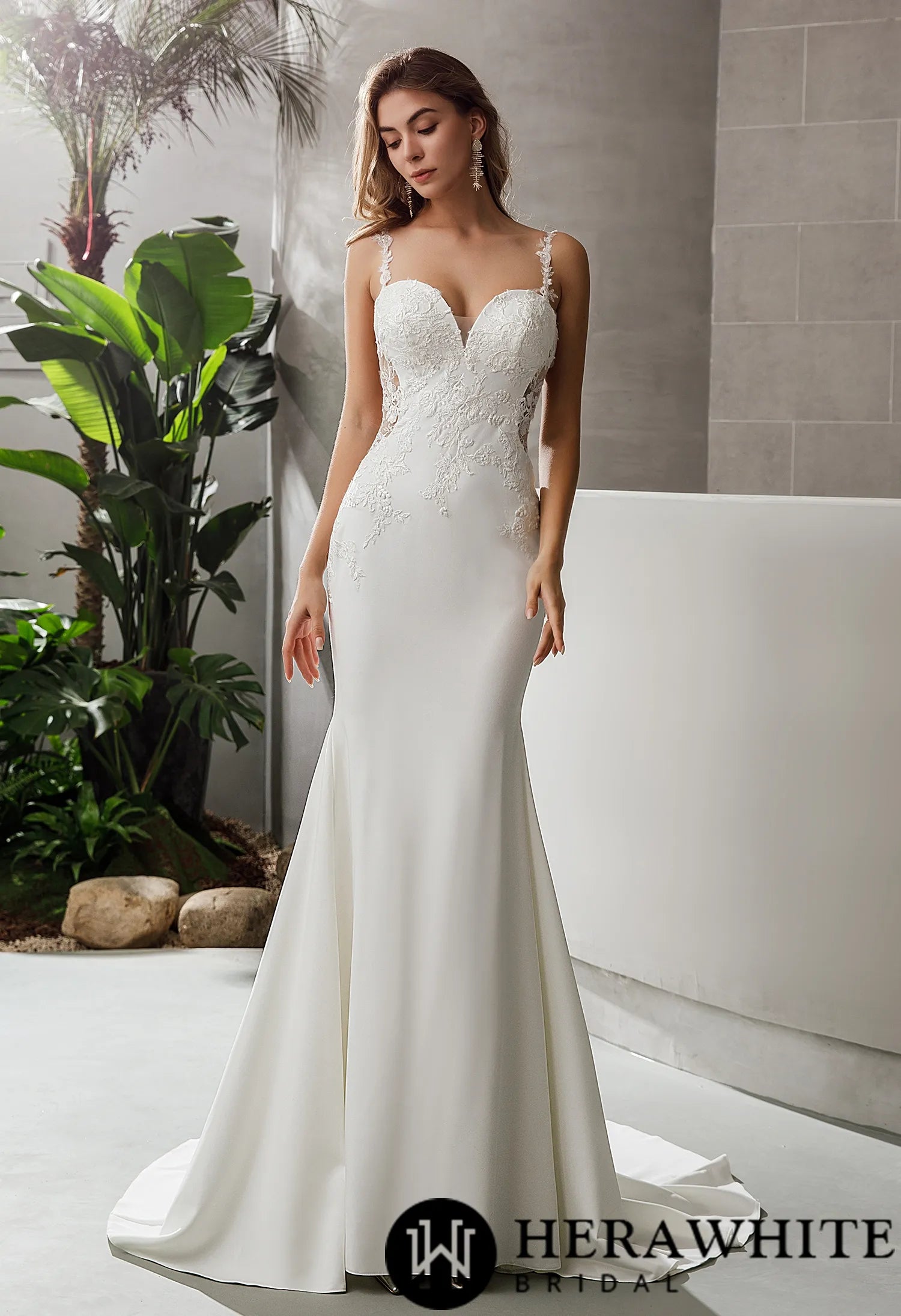 Crepe Fit and Flare Crepe Silhouette Wedding Dress With Lace Straps