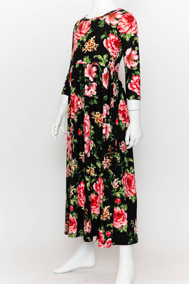 Girls Fit and Flare Floral Maxi Dress: FLORAL ORANGE / L