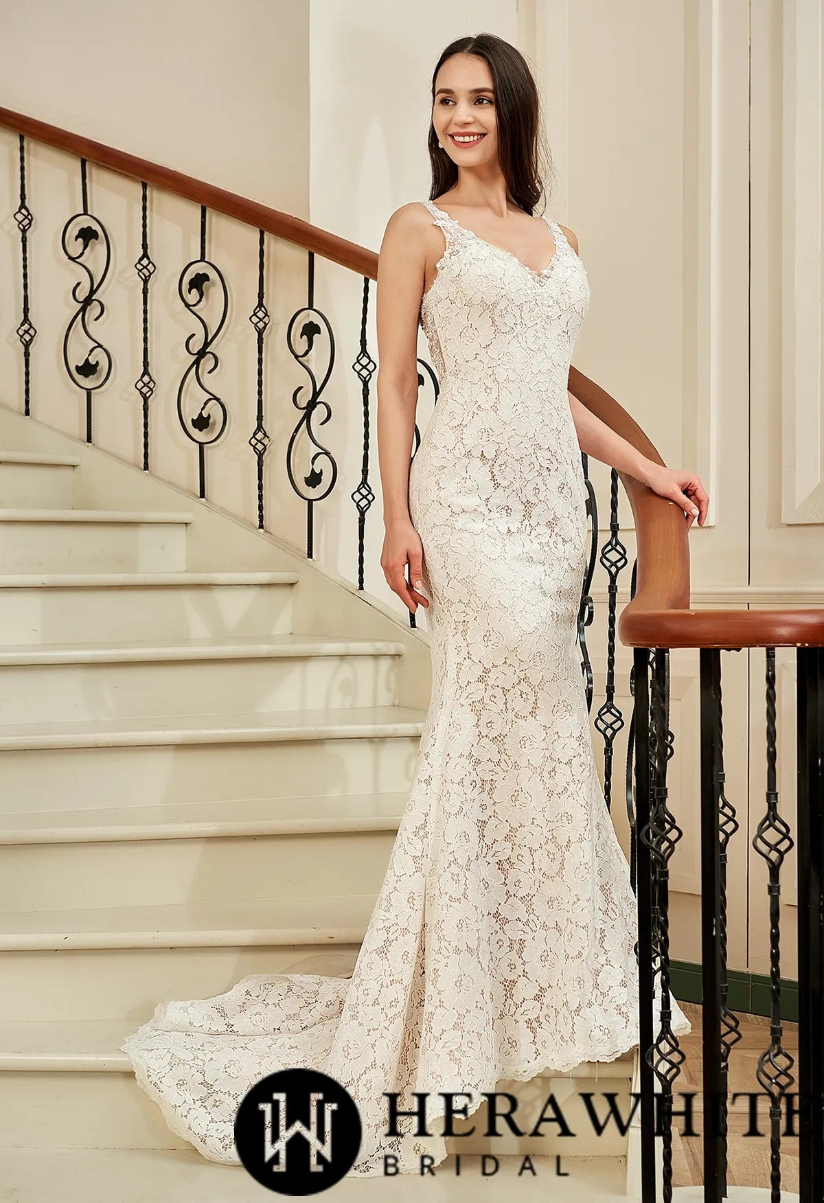 Fit and Flare V-neck Chapel Train Allover Lace Wedding Dress