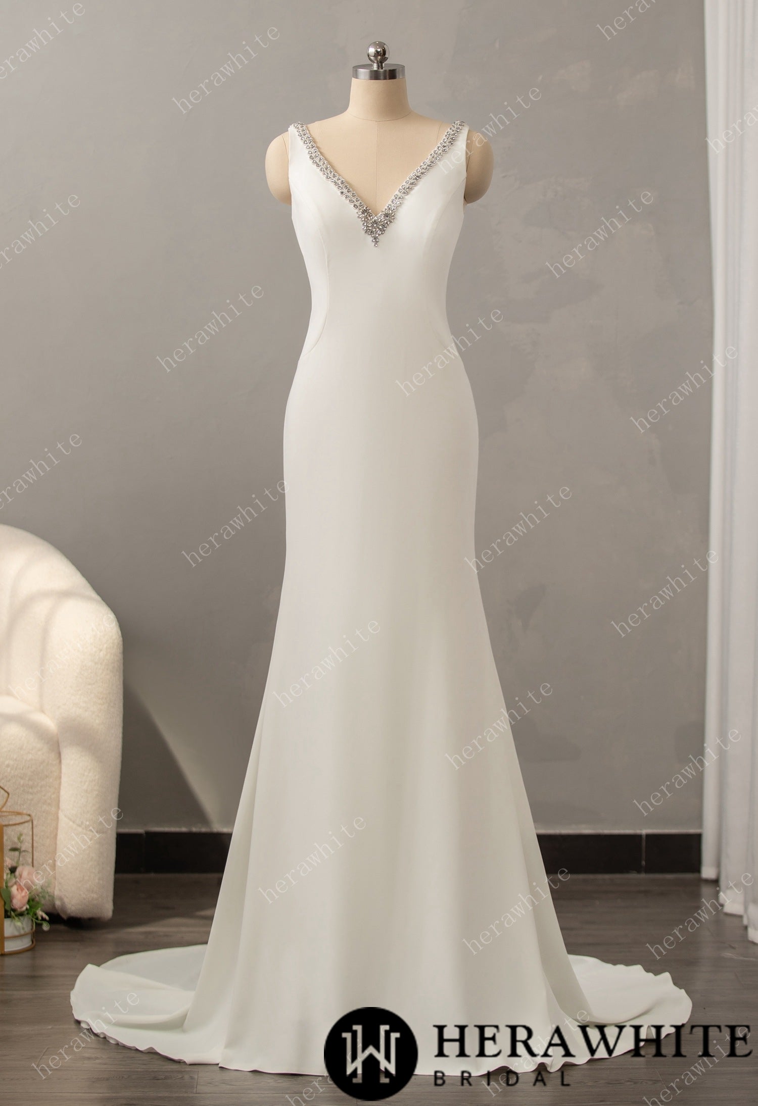 Crepe Beaded V-neck Wedding Dress with Open Back Detail