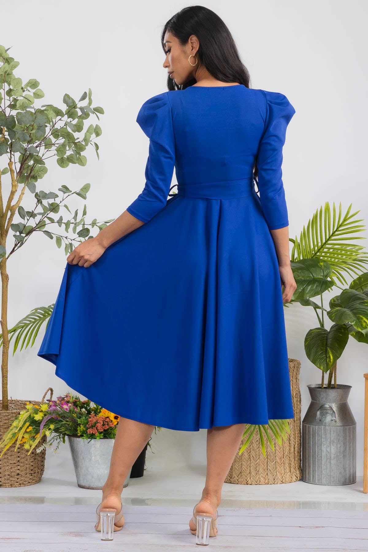 HH698R-LS-S- Puff 3/4 Sleeve Midi Cocktail Dress