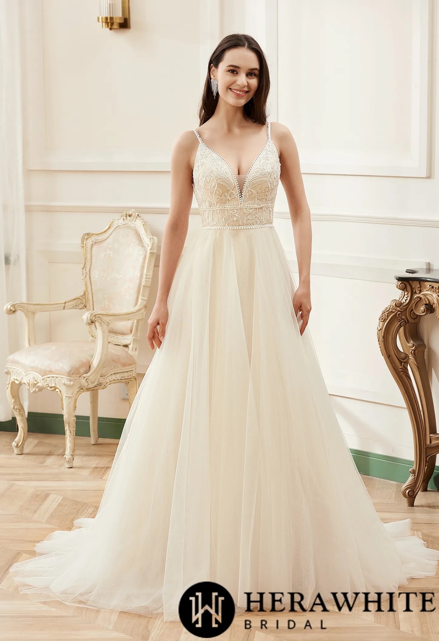 Champagne Romantic Spaghetti Straps A-Line Wedding Dress