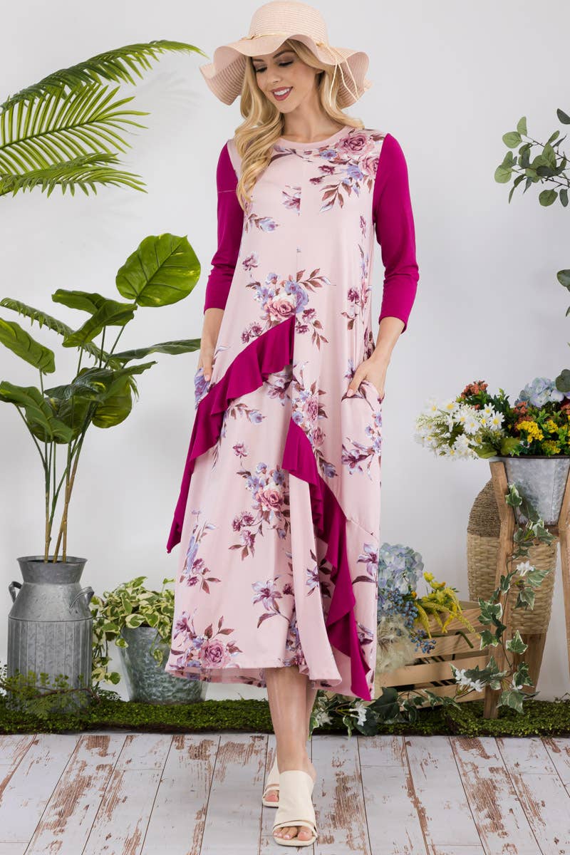 FLORAL CONTRAST MID-DRESS WITH RUFFLE DETAILS -CD43841C