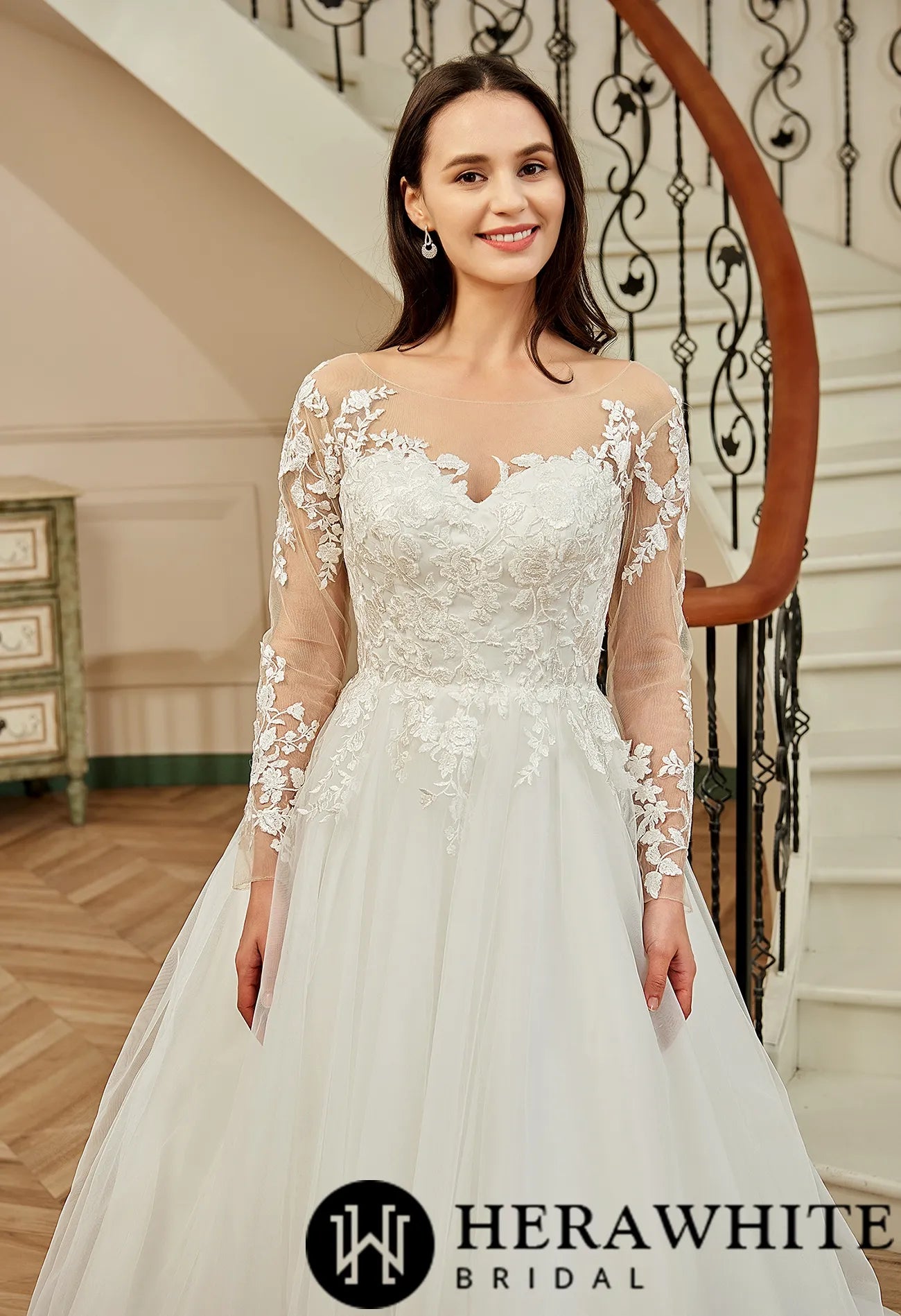 Illusion Long Sleeve Chapel Train Lace Wedding Dress