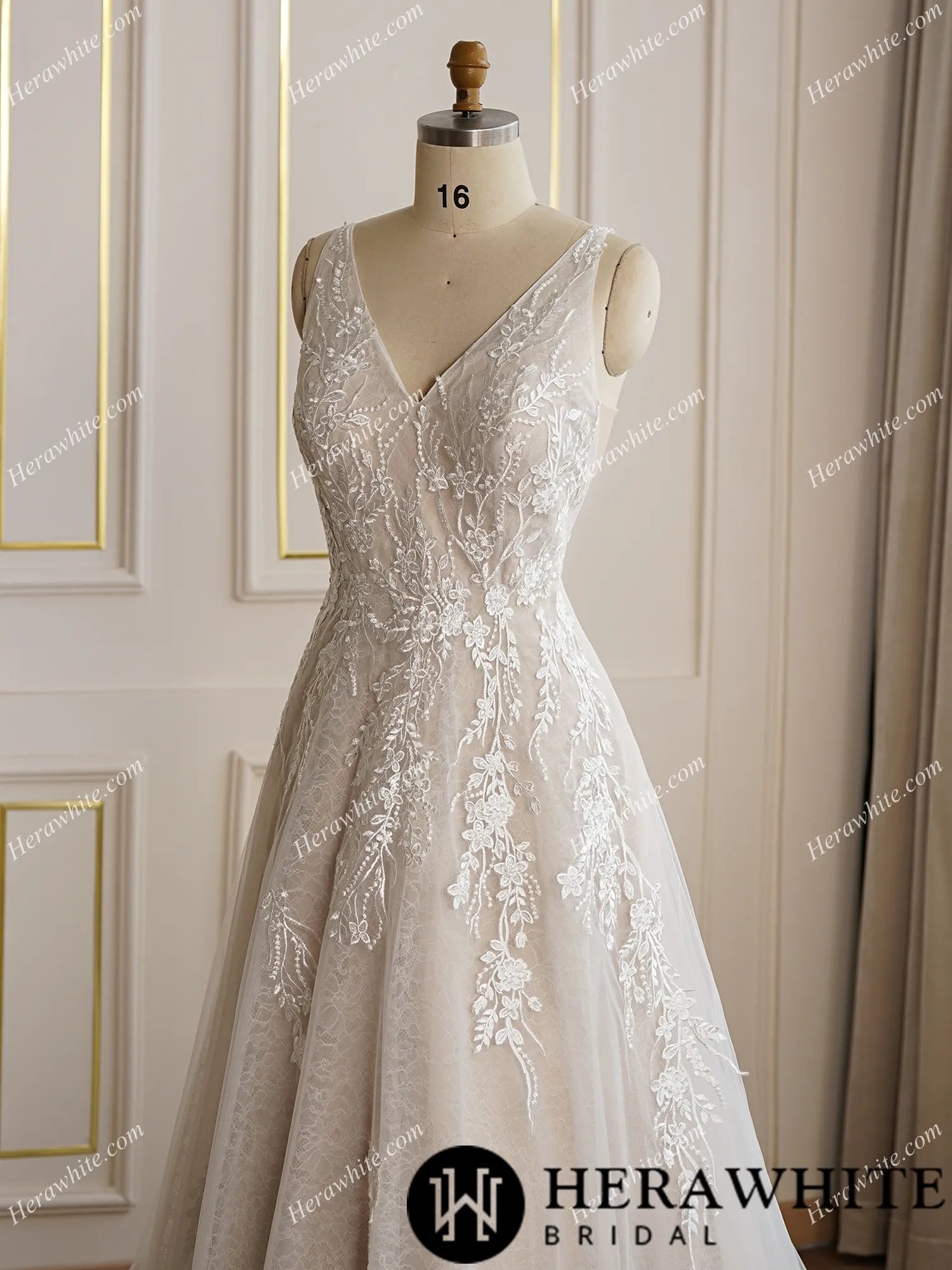 V-neckline Floral Lace A-line Wedding Dress