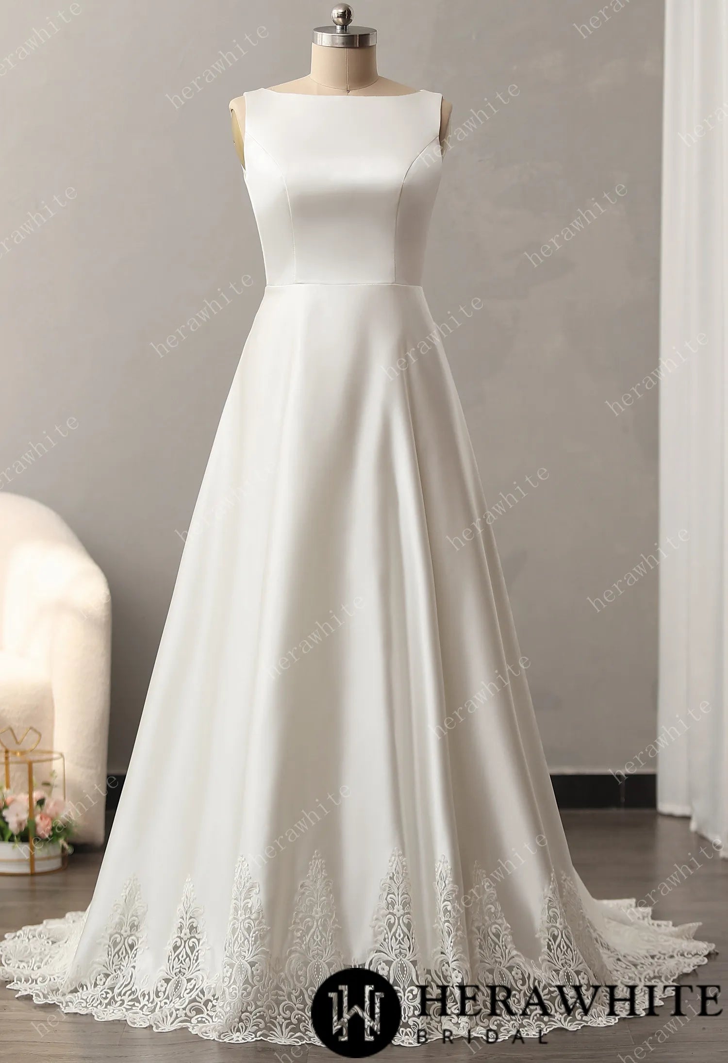 Bateau Neckline A-line Skirt with Cutout Train