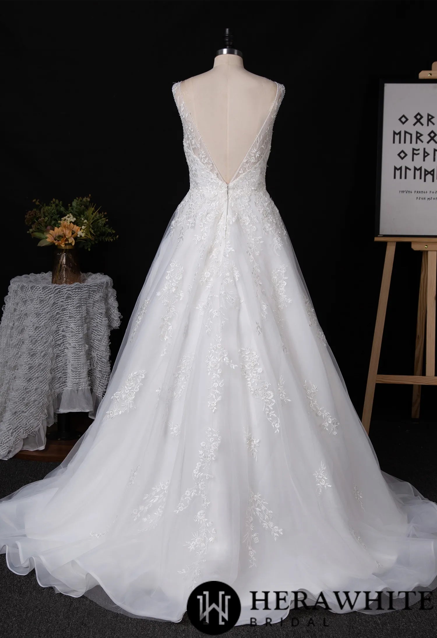 Floral Lace Beaded Wedding Dress With Low Back