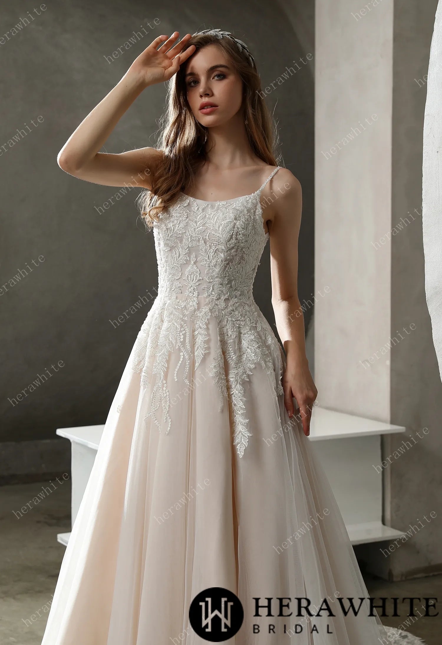 Beaded Lace A-line Wedding Gown with Scoop Neckline