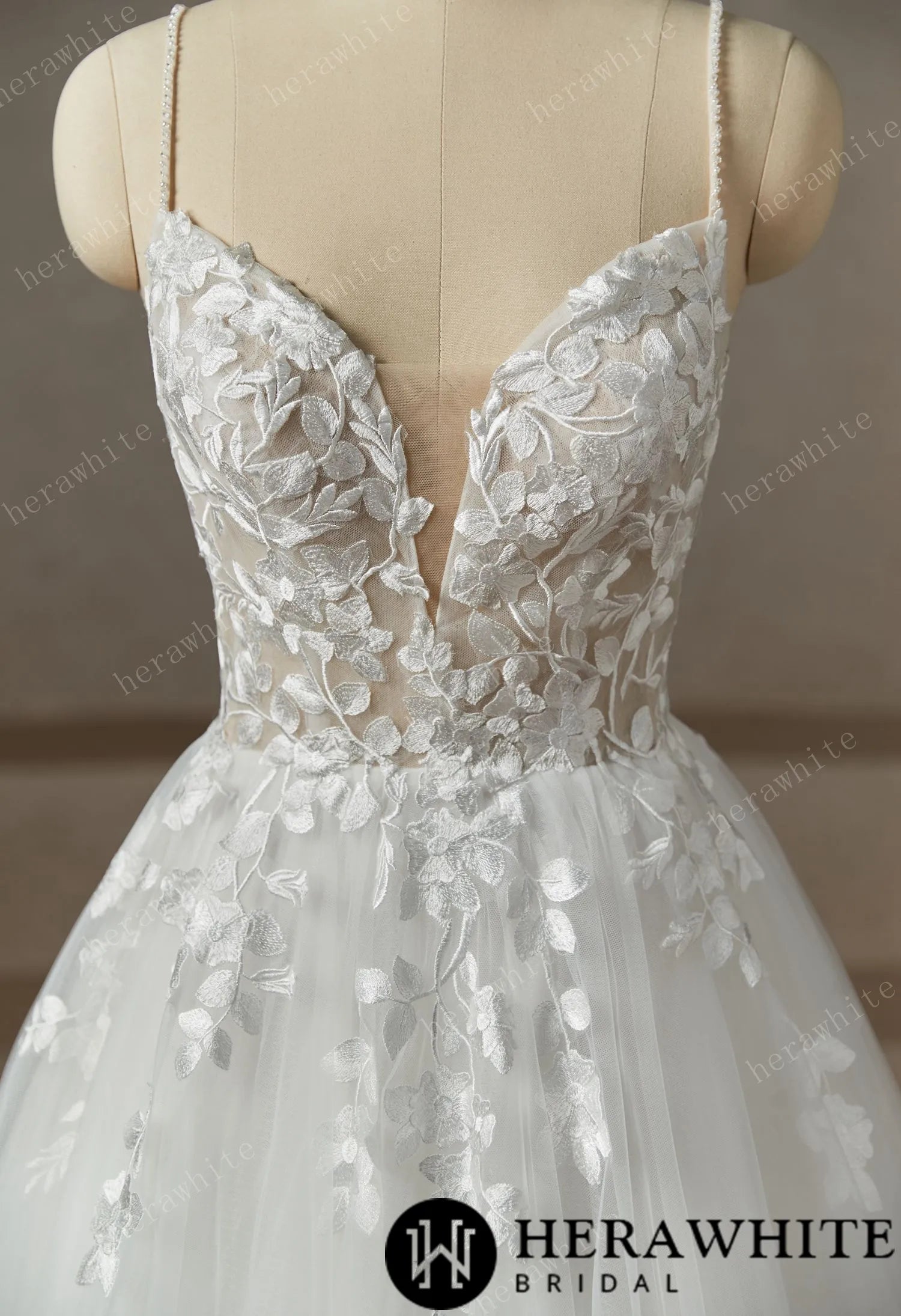 Beaded Strap Lace Tulle Wedding Dress