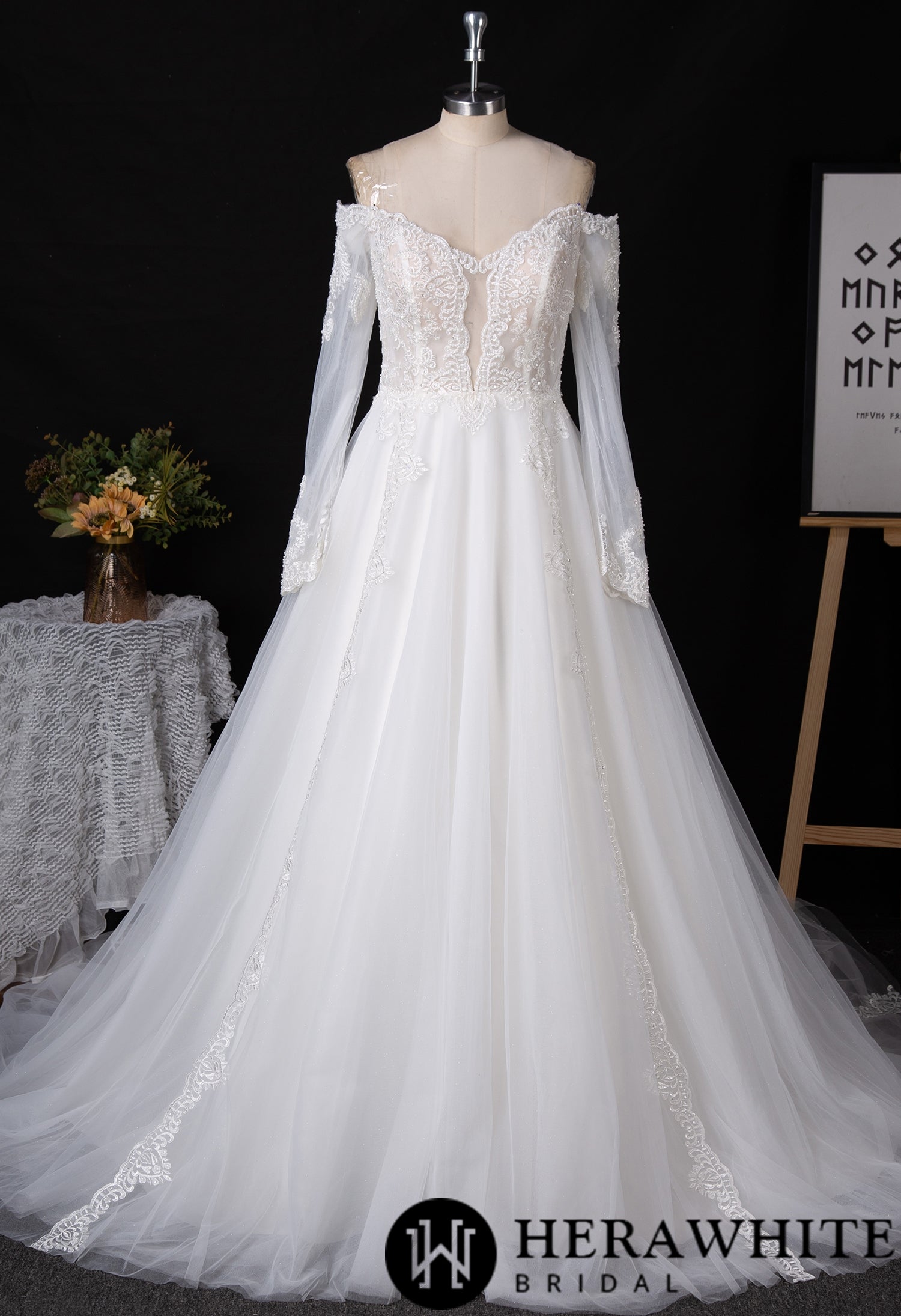 Long Sleeve Wedding Gown With Illusion Plunge