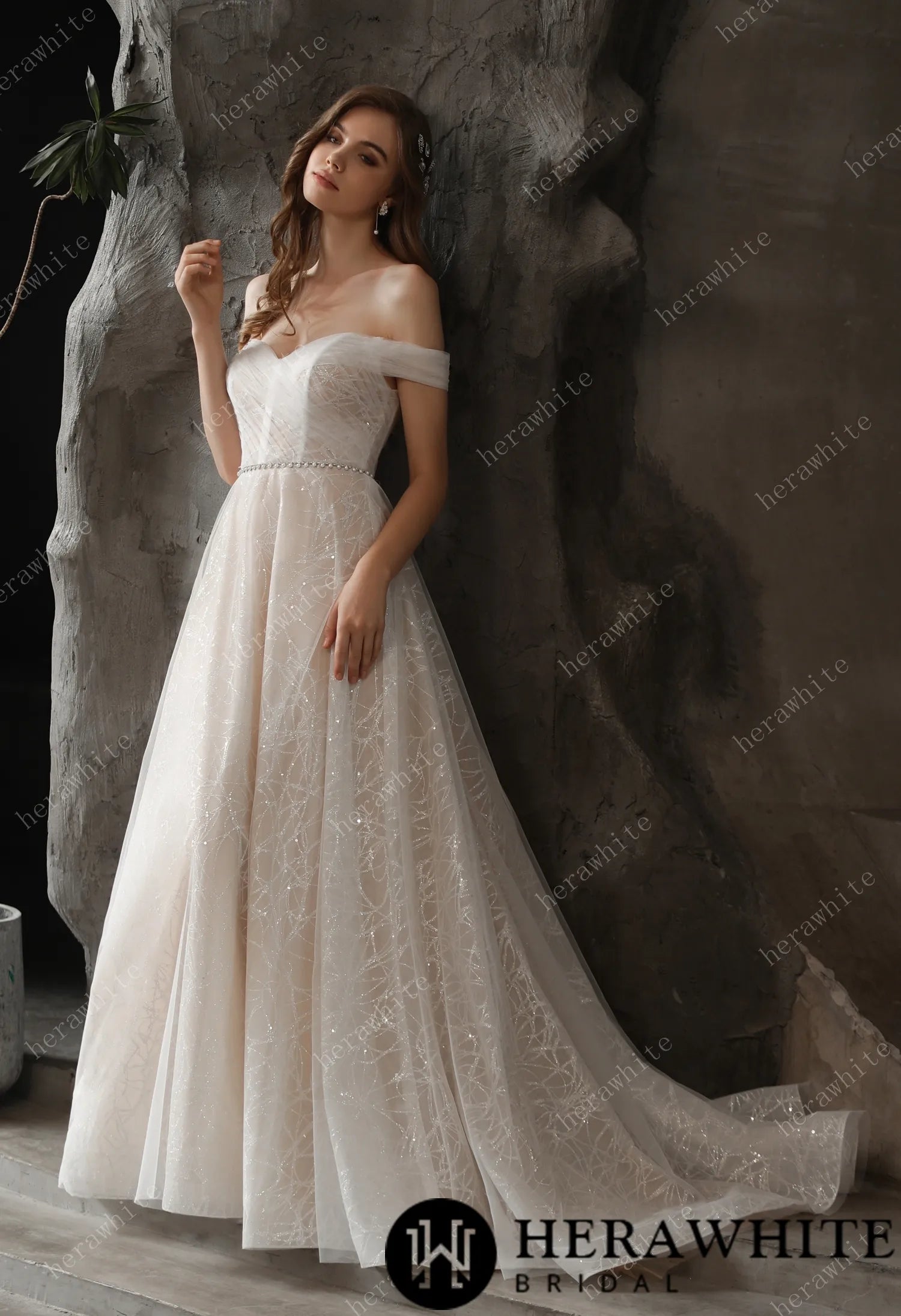Shimmer Off-the-shoulder Neckline A-line Tulle Wedding Dress