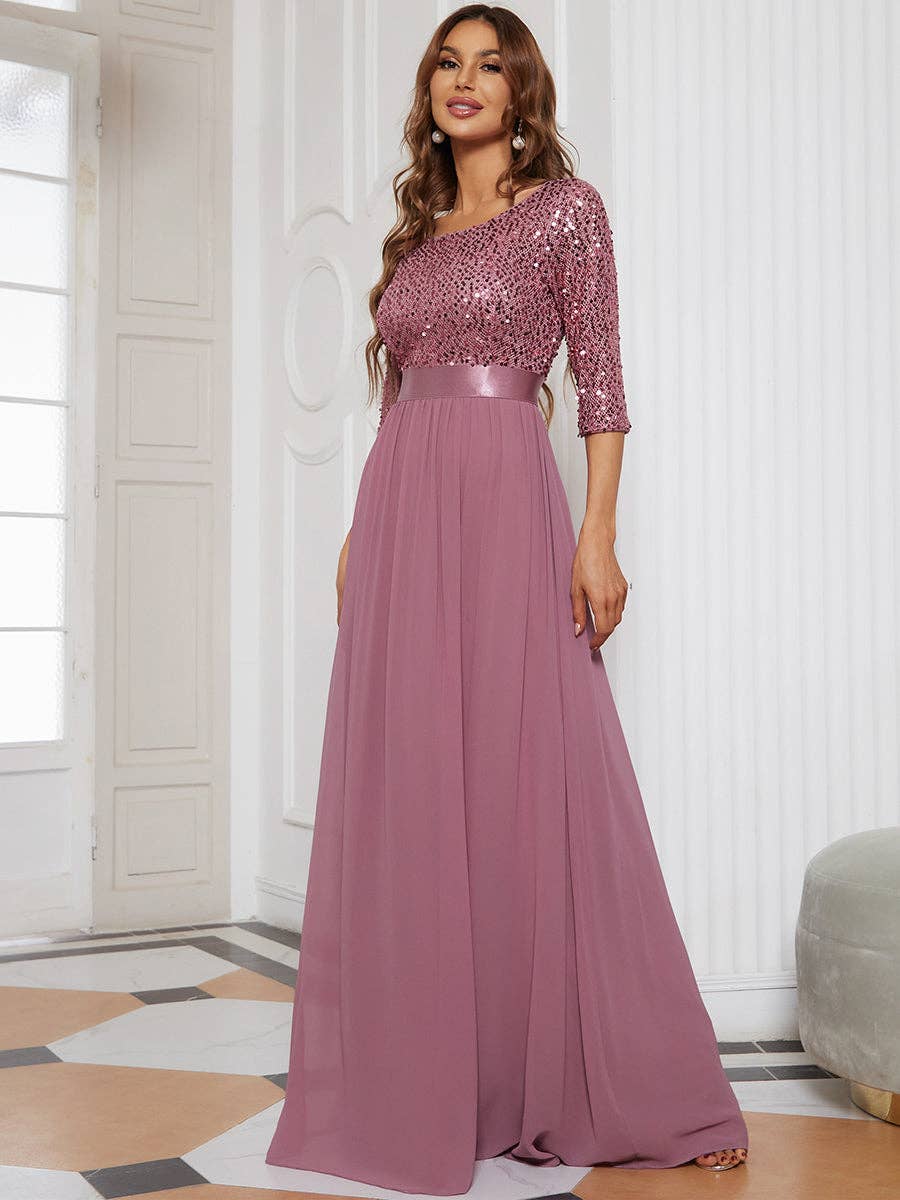 Elegant Round Neckline Sequins Patchwork Dress: 20 / Red