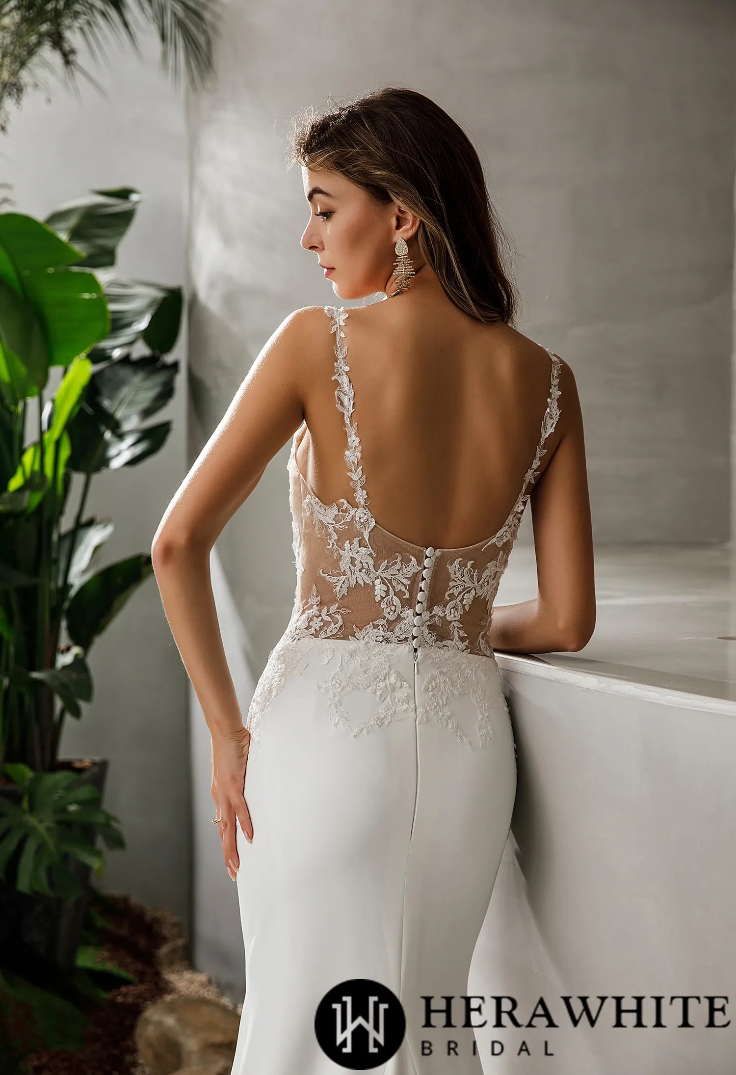 Crepe Fit and Flare Crepe Silhouette Wedding Dress With Lace Straps
