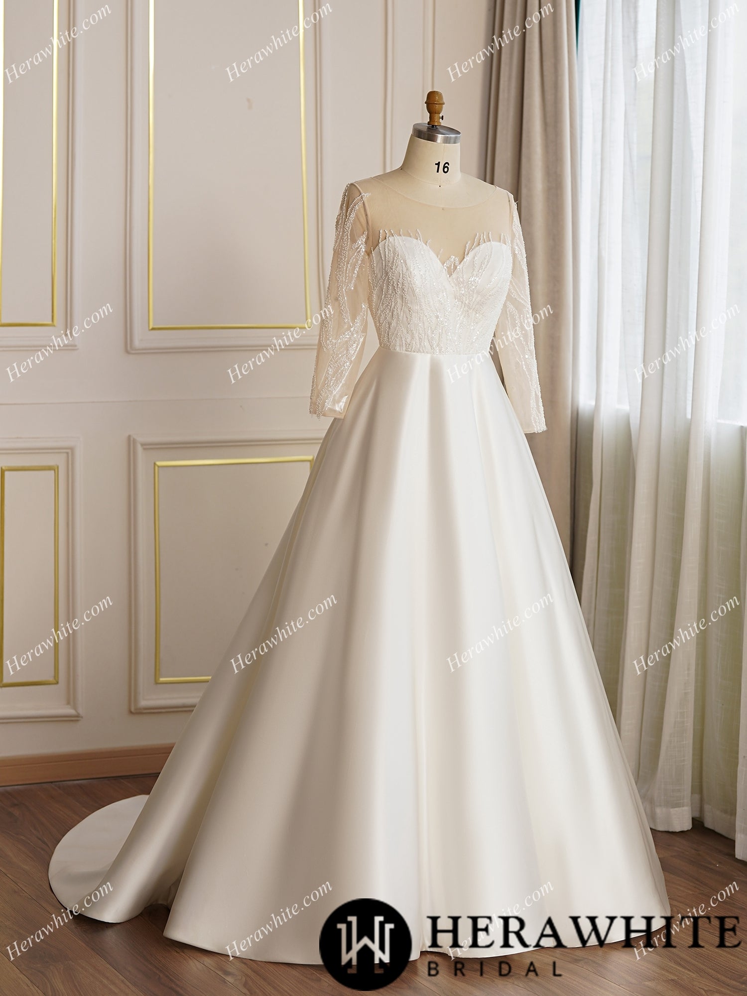 Beaded Sheer Long Sleeve Satin Wedding Dress