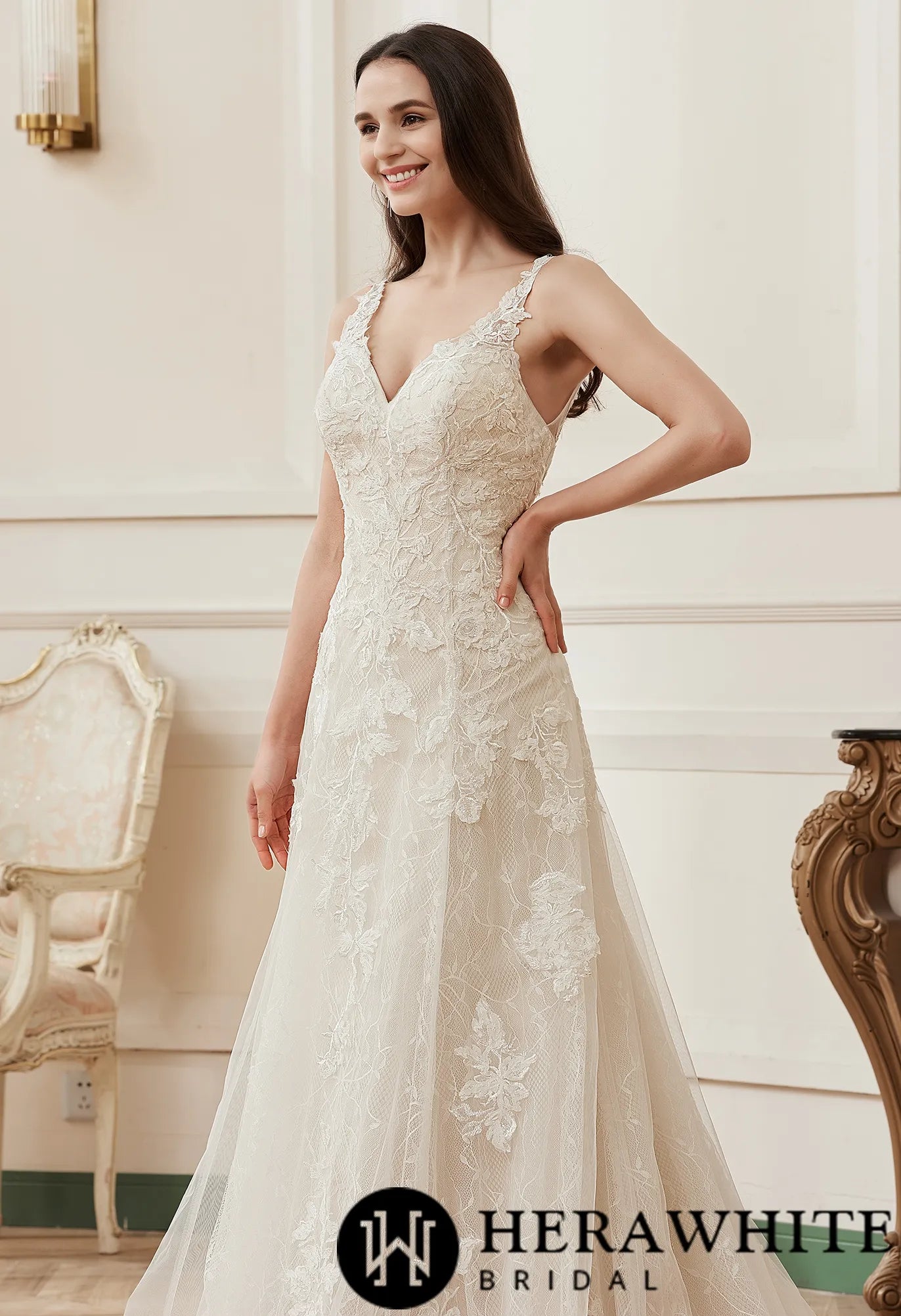 Romantic A-Line V-neck Floral Applique Court Train Bridal Gown