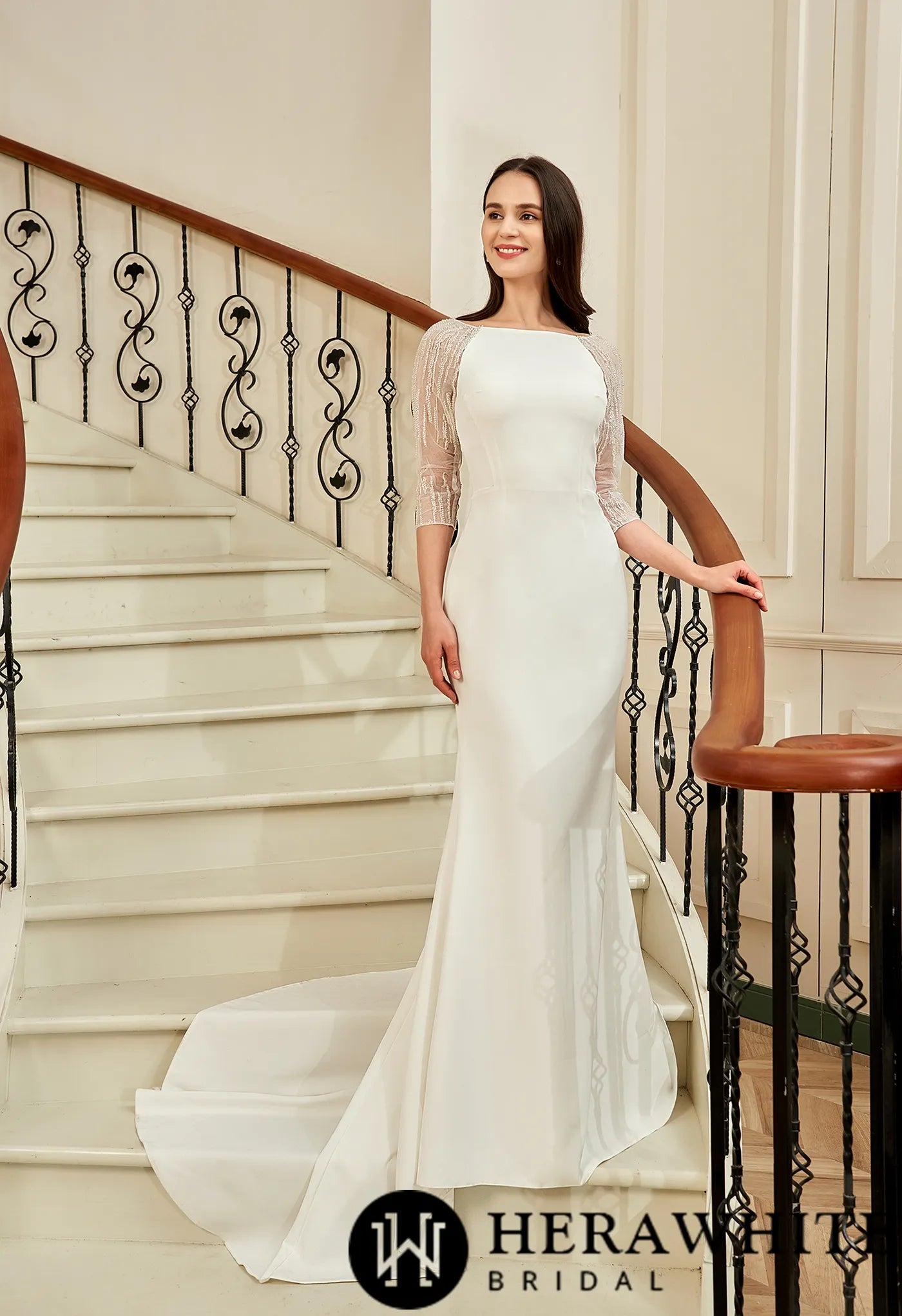 Bateau Neckline Long Train Crepe Bridal Gown With Beaded Illusion Back