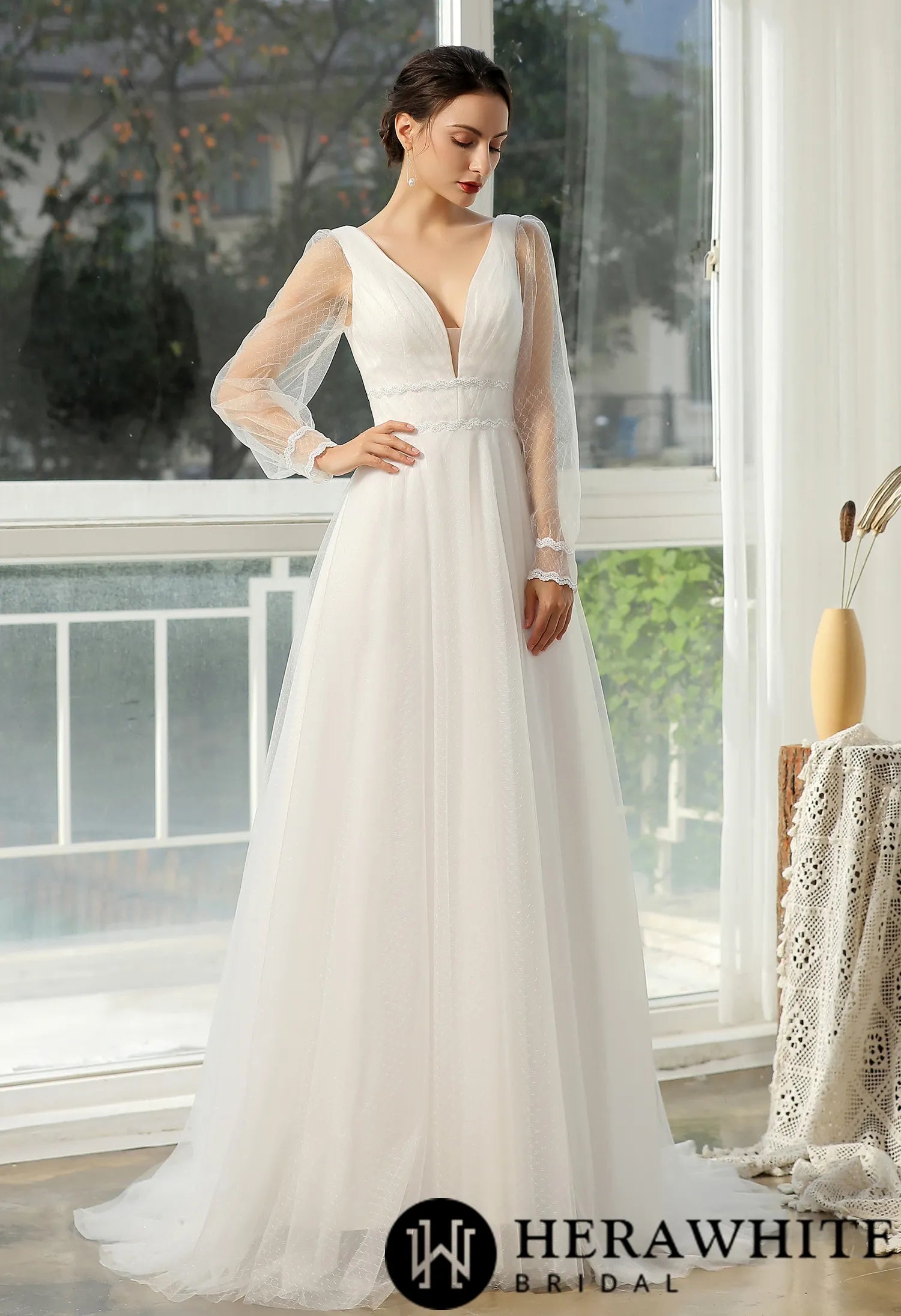 Bishop long Sleeve Ruched Illusion V-neckline Bridal Gown