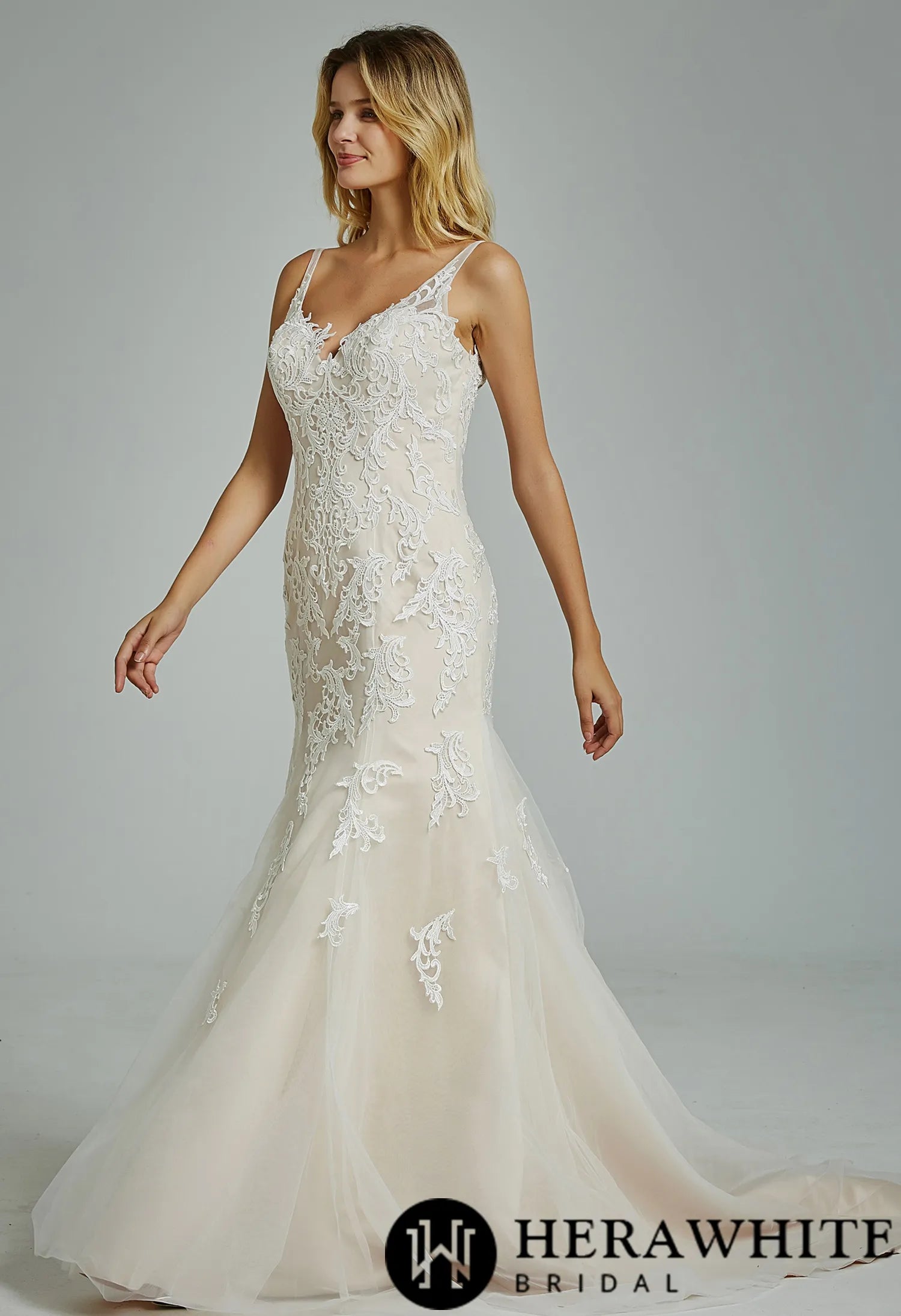 Gorgeous Appliques V Neck Fit& Flare Wedding Gown