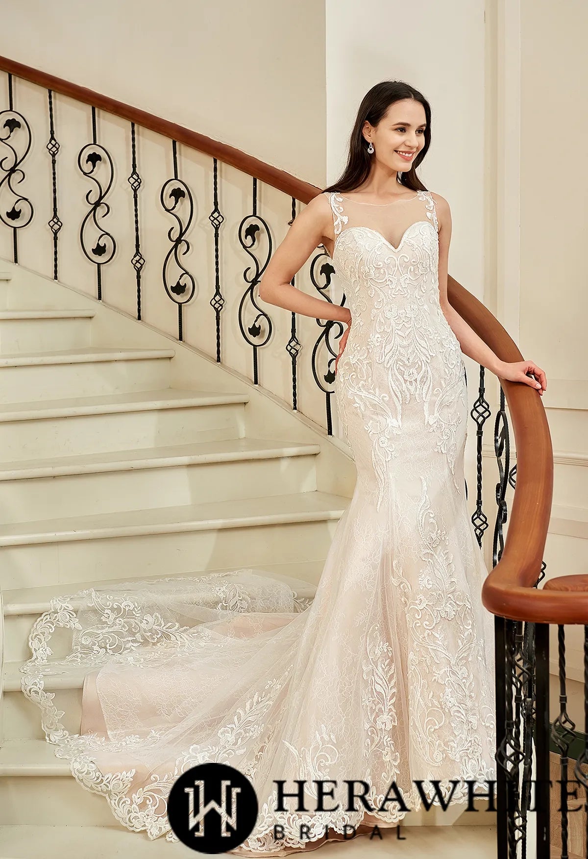 Blush Illusion Neckline Lace Appliques Mermaid Wedding Dress