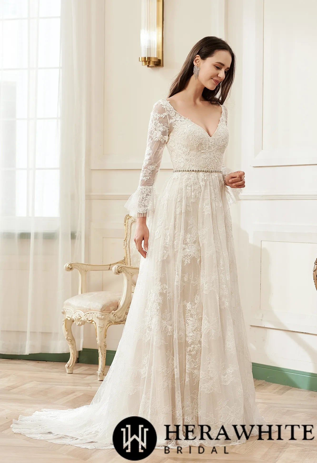 A-Line V-neck Chapel Train Lace Wedding Dress With Flare Long Sleeve