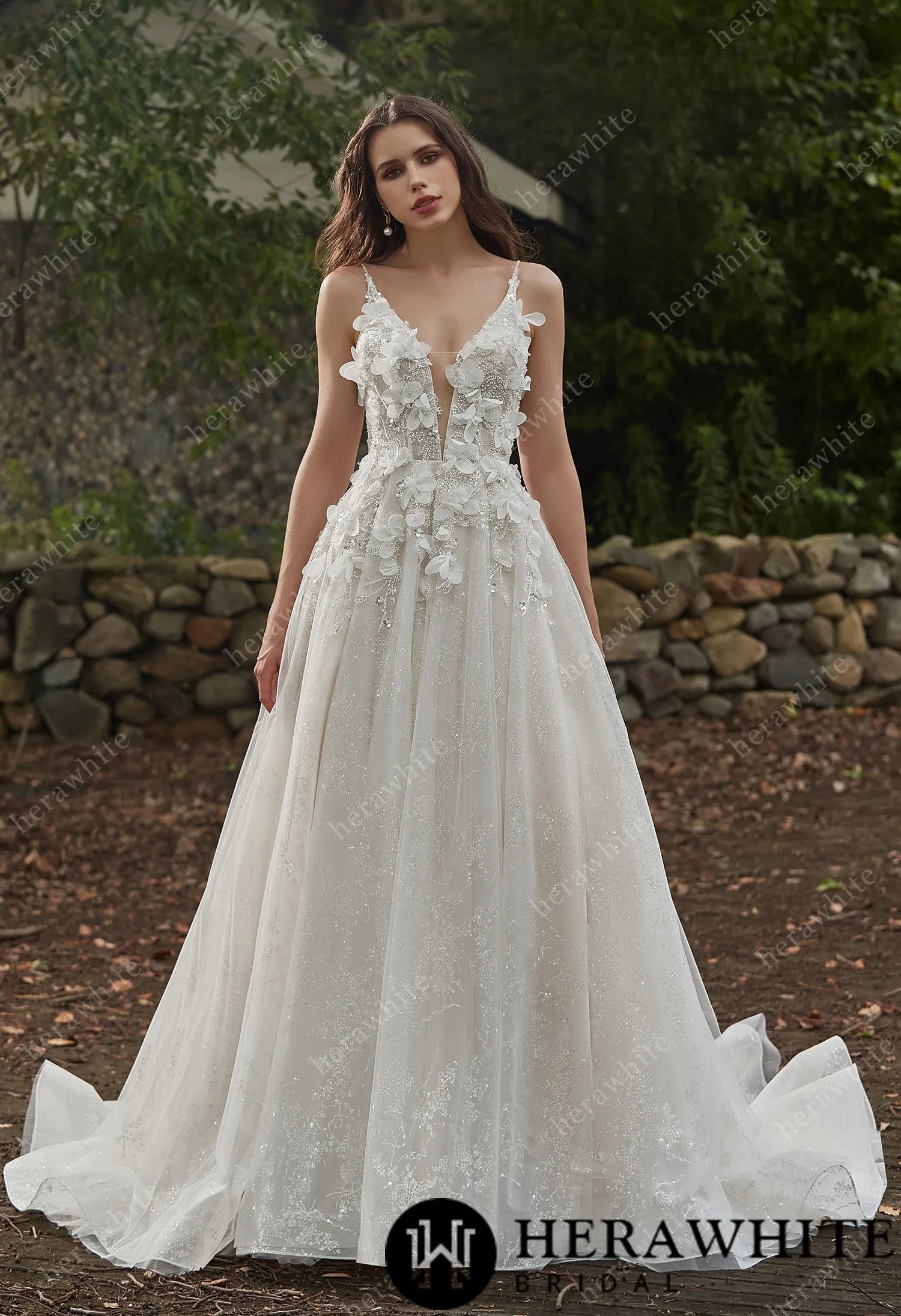 db studio sequin floral a line spaghetti strap wedding dress Tube Top Spaghetti Straps Tulle A-Line Wedding Dress Floral Embossed Beaded Applique with Train Bride Dress Custom Color / US12