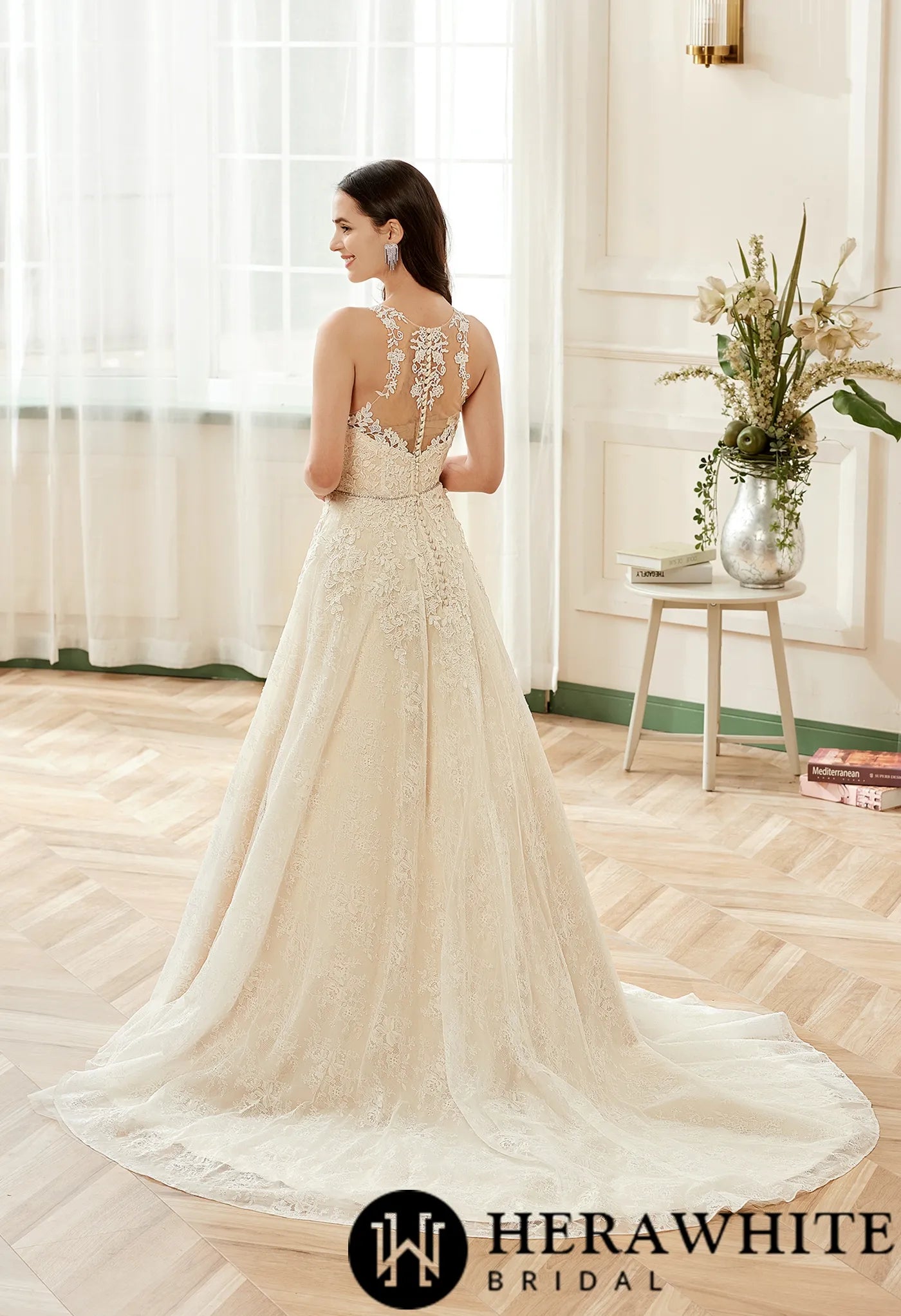 Illusion Halter Neckline Lace Tulle Bridal Gown