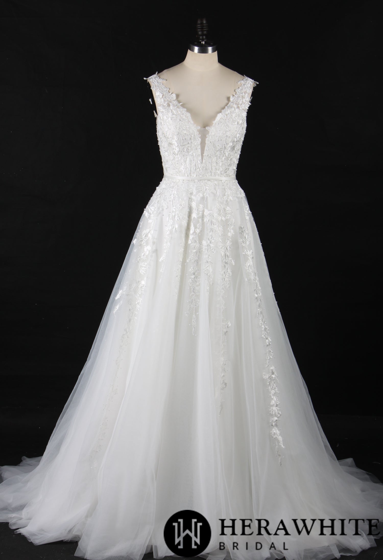 Plunging V-Neck Beaded Lace Wedding Dress