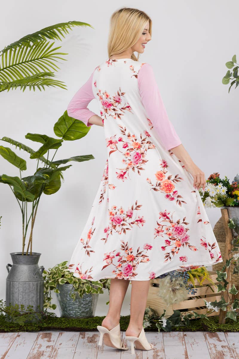 FLORAL CONTRAST MID-DRESS WITH RUFFLE DETAILS -CD43841C