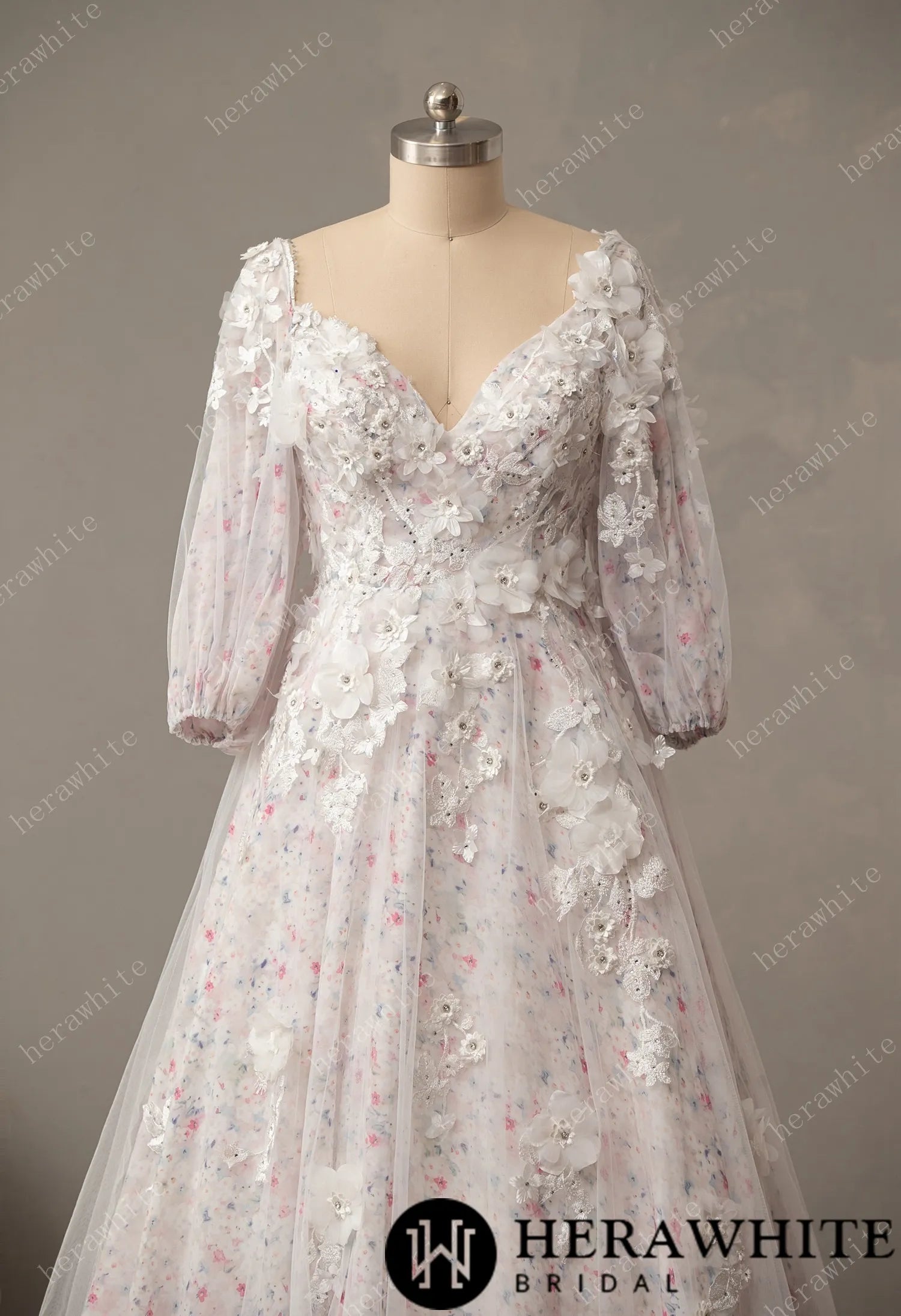 Floral 3D Lace A-Line Wedding Dress with Detachable Sleeve