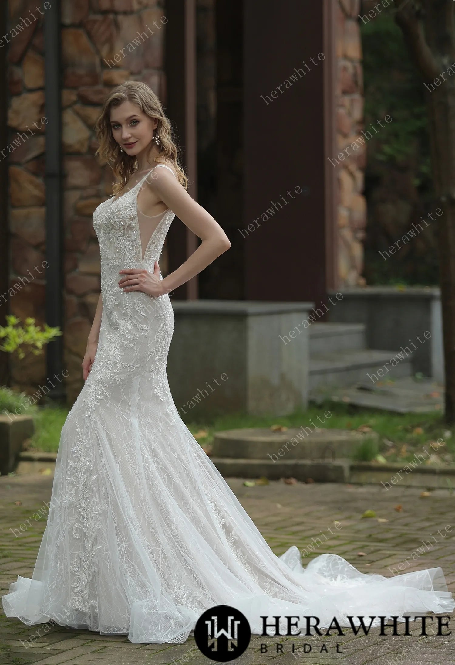 Classic V-Neck Allover Lace Fit And Flare Wedding Dress