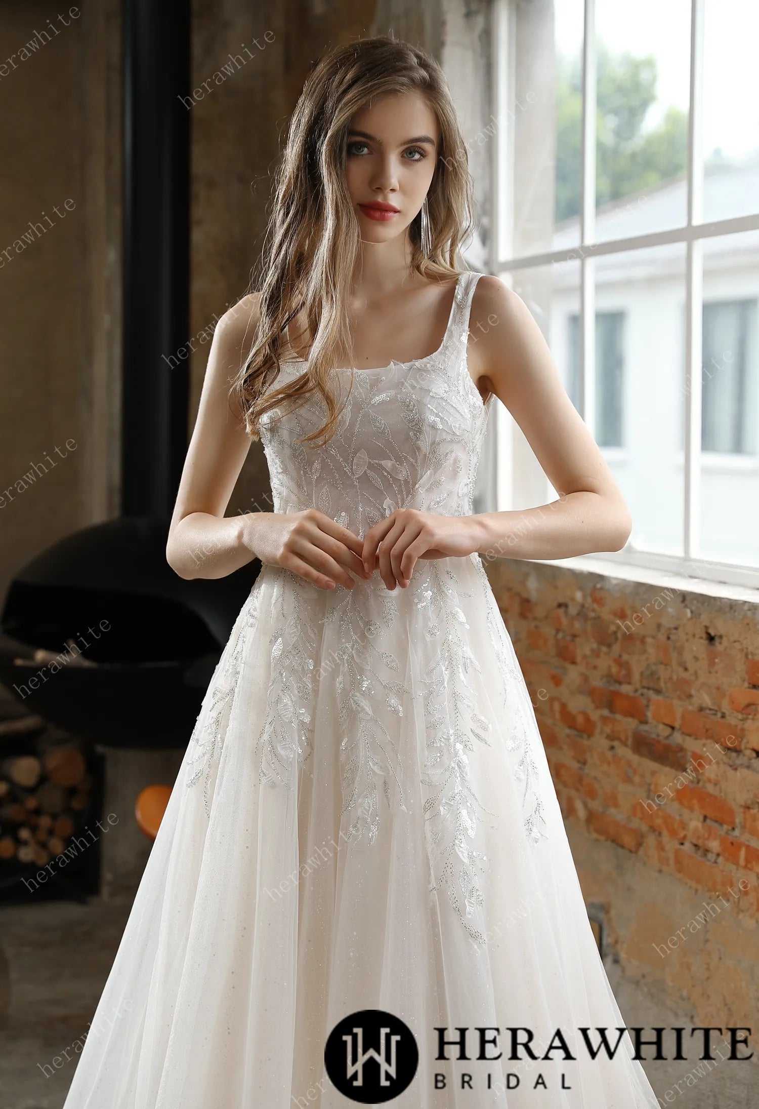 Square Neckline Wedding Dress with Delicate Leafy Lace