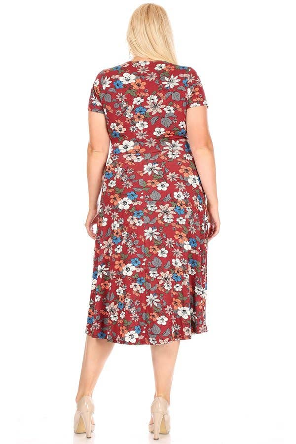 Plus size Floral dress-X203025D: 2X / Wine