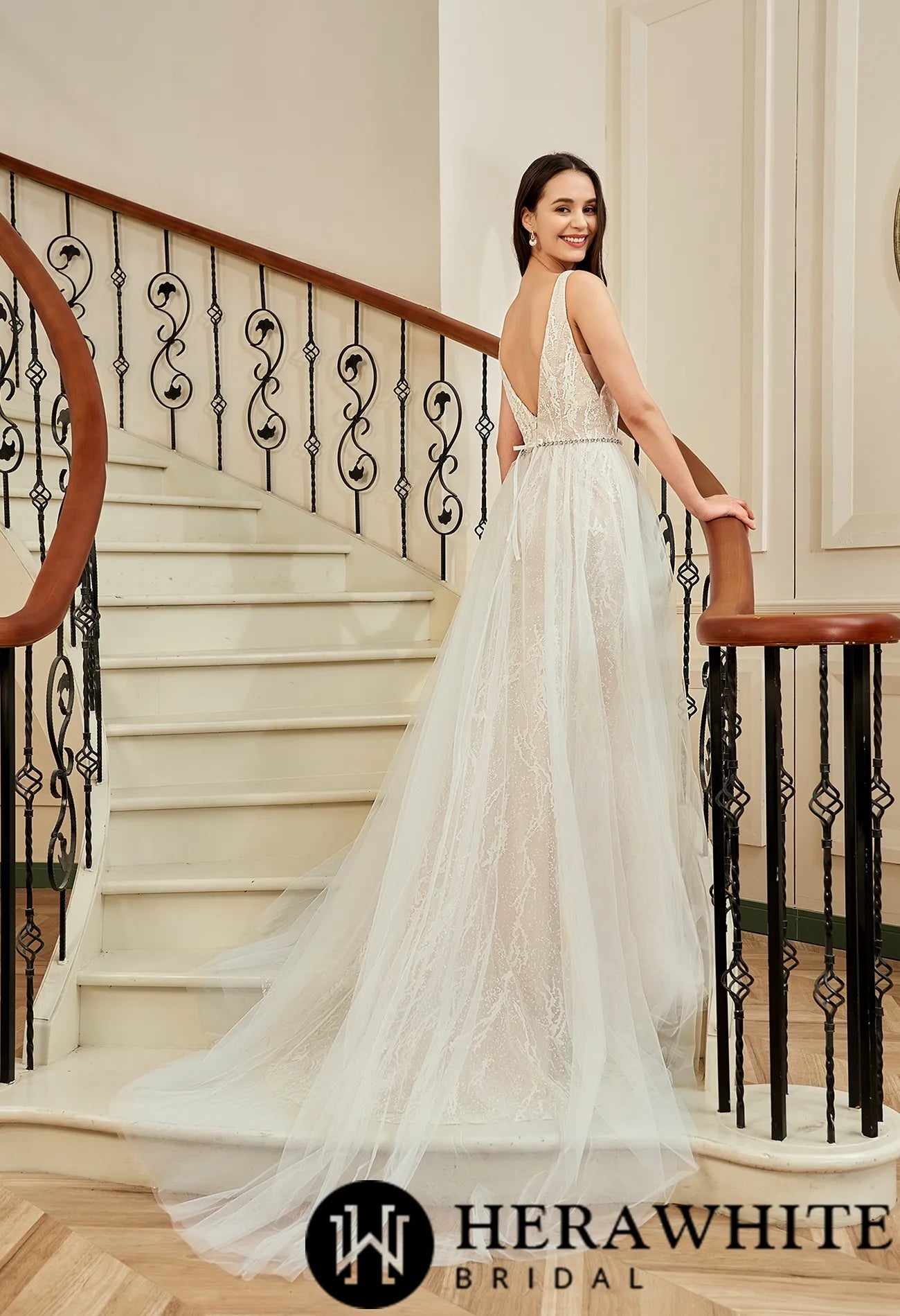 Plunging V-neckline Trumpet Wedding Dress With Detachable Overskirt