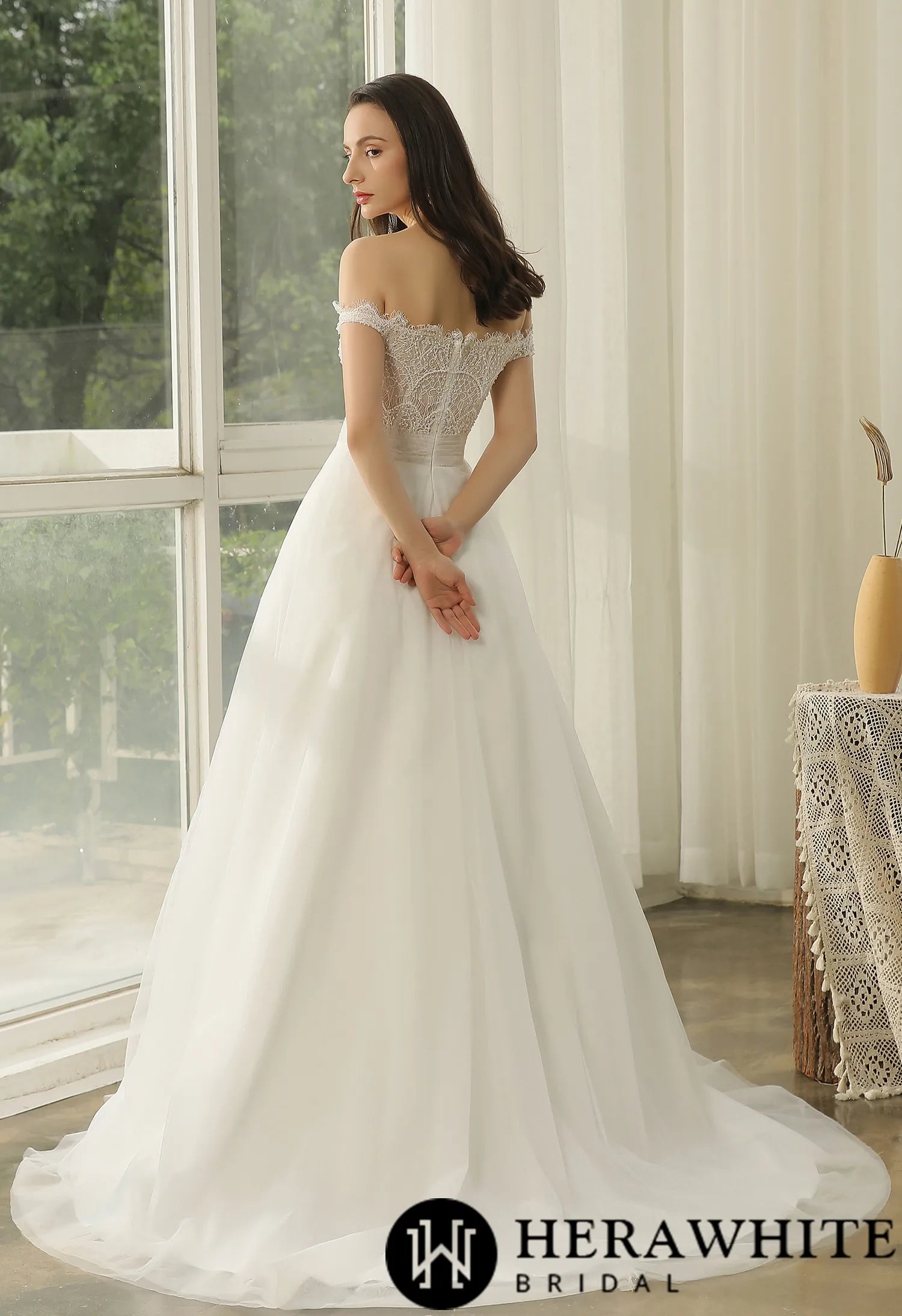 Off-The-Shoulder Beading Lace Pleating Wholesale Wedding Dress
