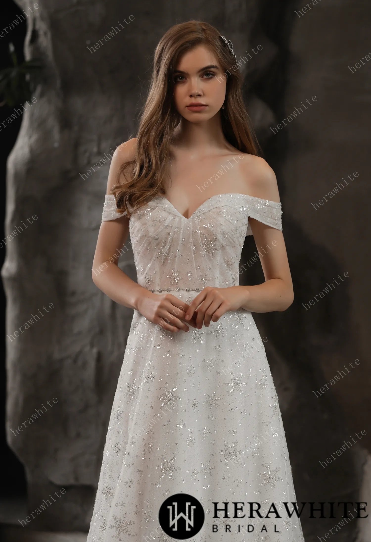 Sparkly Beaded Lace A-Line Bridal Gown With Off the Shoulder Neckline