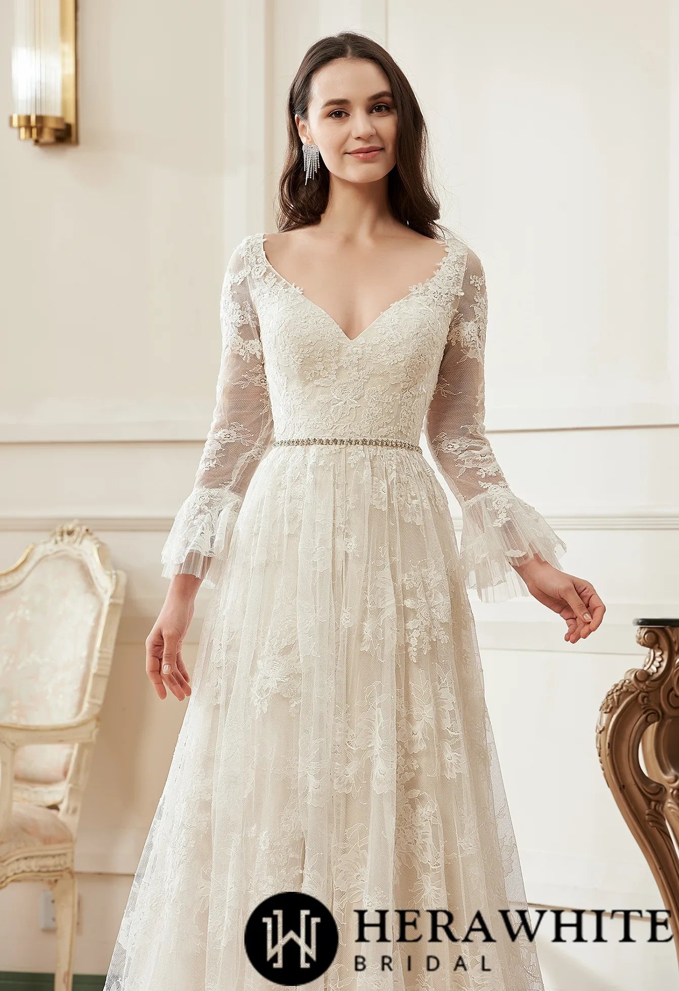 A-Line V-neck Chapel Train Lace Wedding Dress With Flare Long Sleeve
