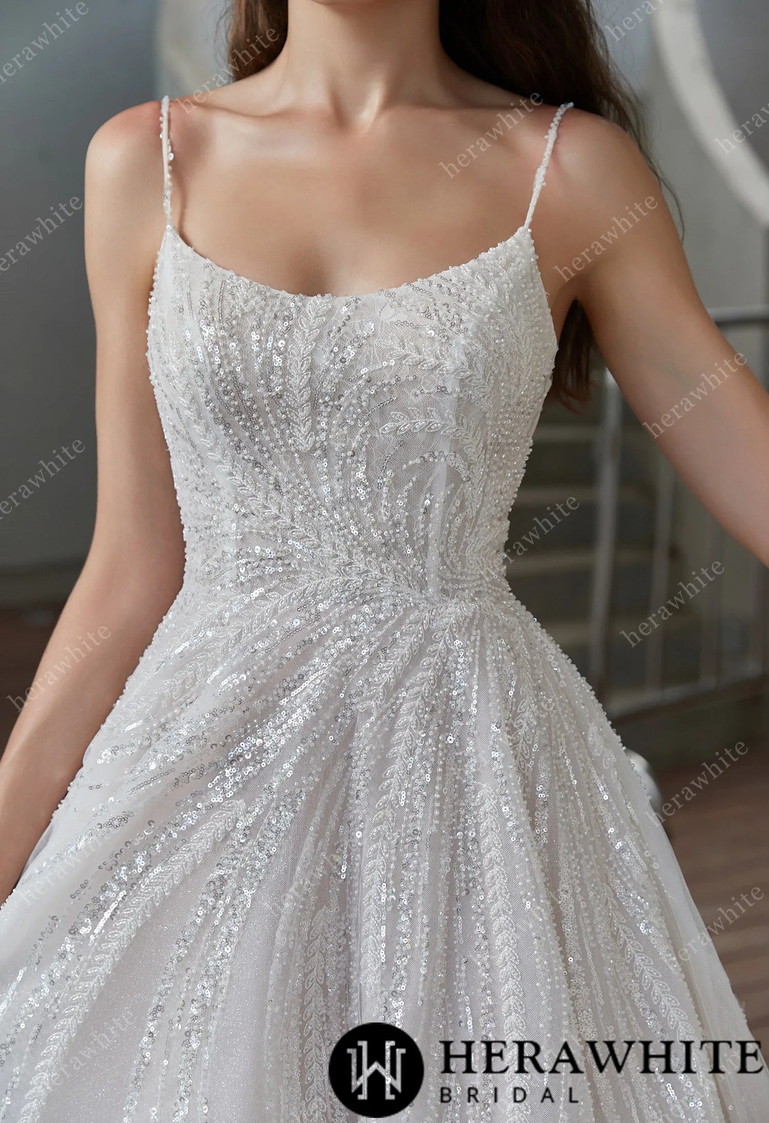 Sparkle Scoop Neckline Wedding Gown with Spaghetti Straps