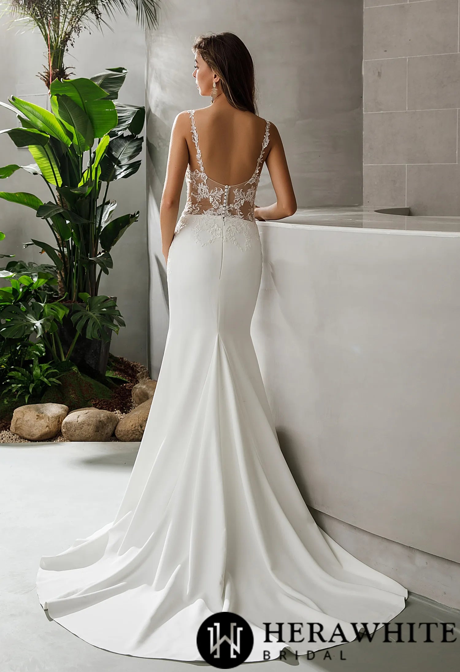 Crepe Fit and Flare Crepe Silhouette Wedding Dress With Lace Straps