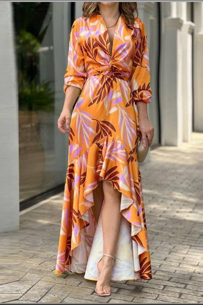 WOMEN LONG SLEEVE PRINTED LACE UP SLIT DRESS_CWDMD0889