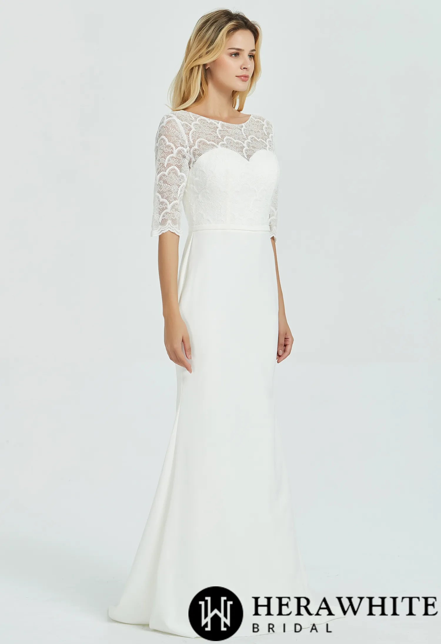 Crepe Long Sleeve Modest Lace Sheath Wedding Dress