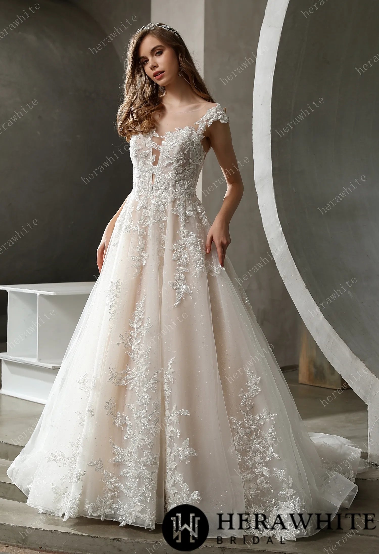 Illusion Neckline Beaded Lace A-line Wedding Dress