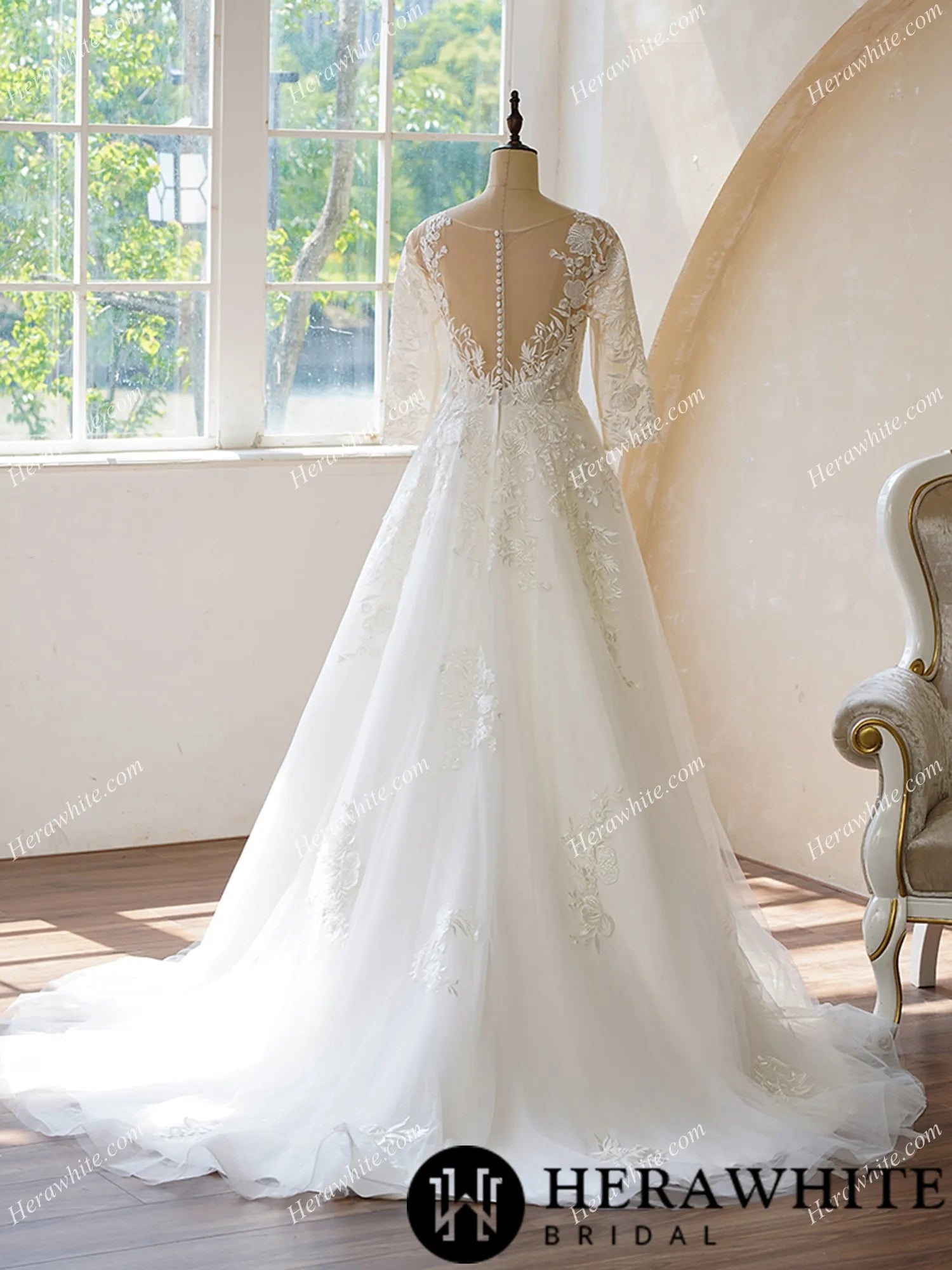 Illusion Neckline and Illusion Back With Buttons Bridal Dress