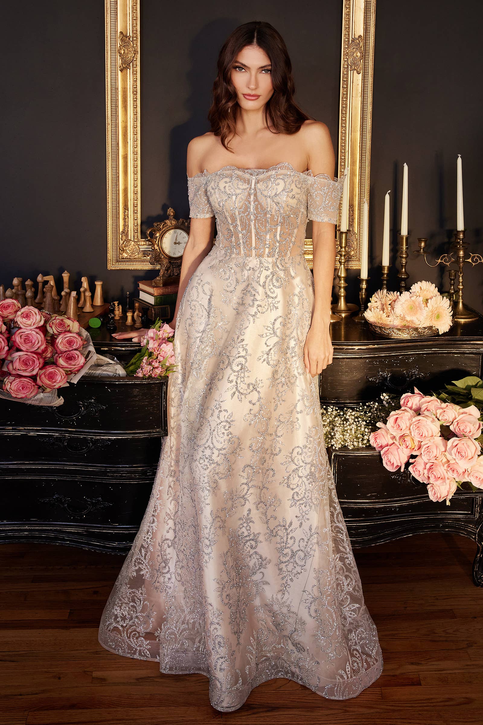 OFF THE SHOULDER GLITTER PRINT A-LINE GOWN