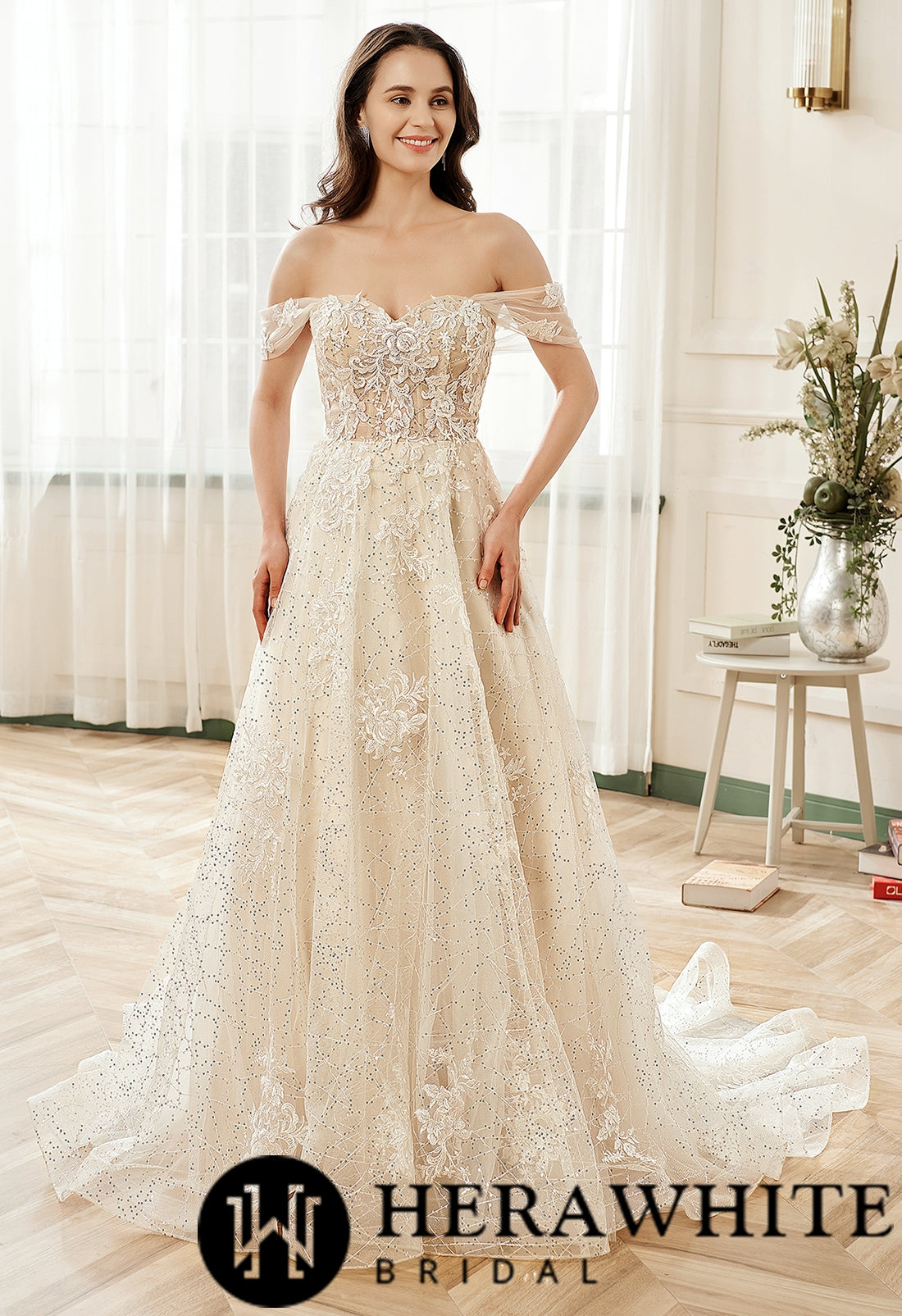 Floral Lace Sweetheart Sequin Tulle Wedding Dress With Detachable Straps