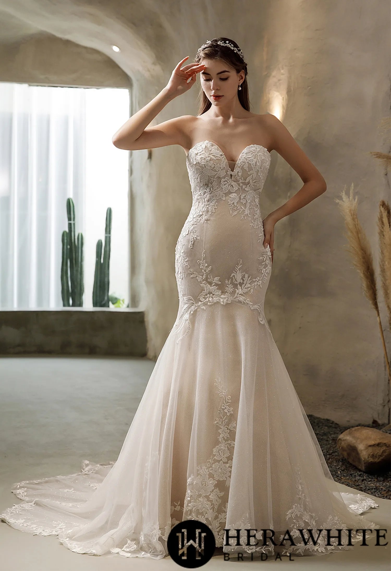 Off-the-shoulder Mermaid Wedding Dress in Glitter Tulle With Open Back