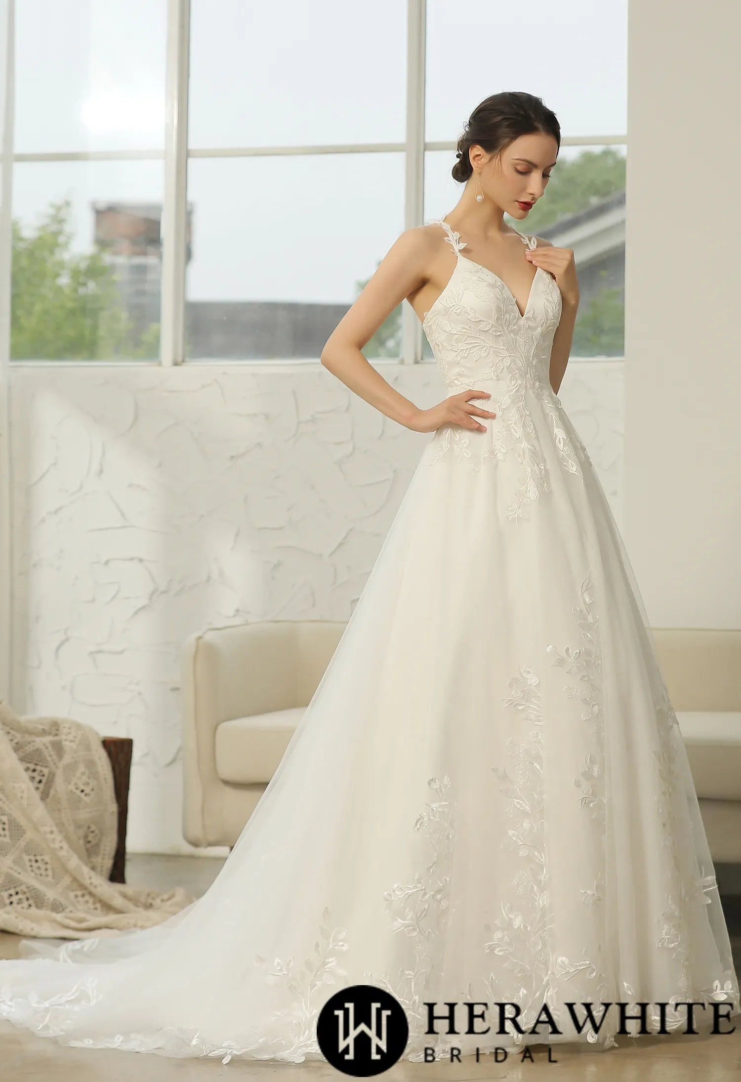 Appliquéd Straps Keyhole Back Bridal Gown